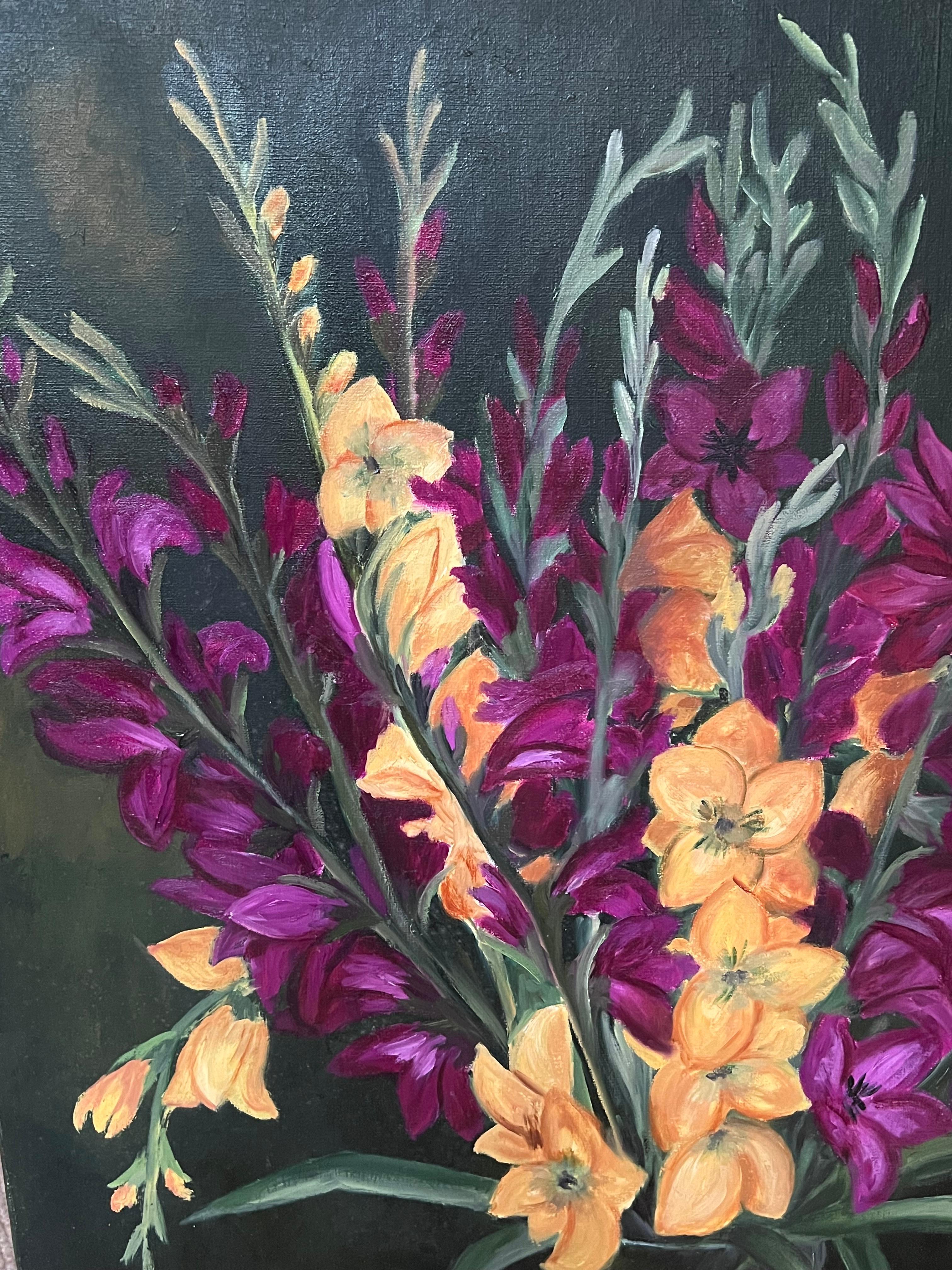 Purple and Orange Gladiolus Bouquet Still Life 20th Century French Oil Painting - Black Interior Painting by Annie Faure