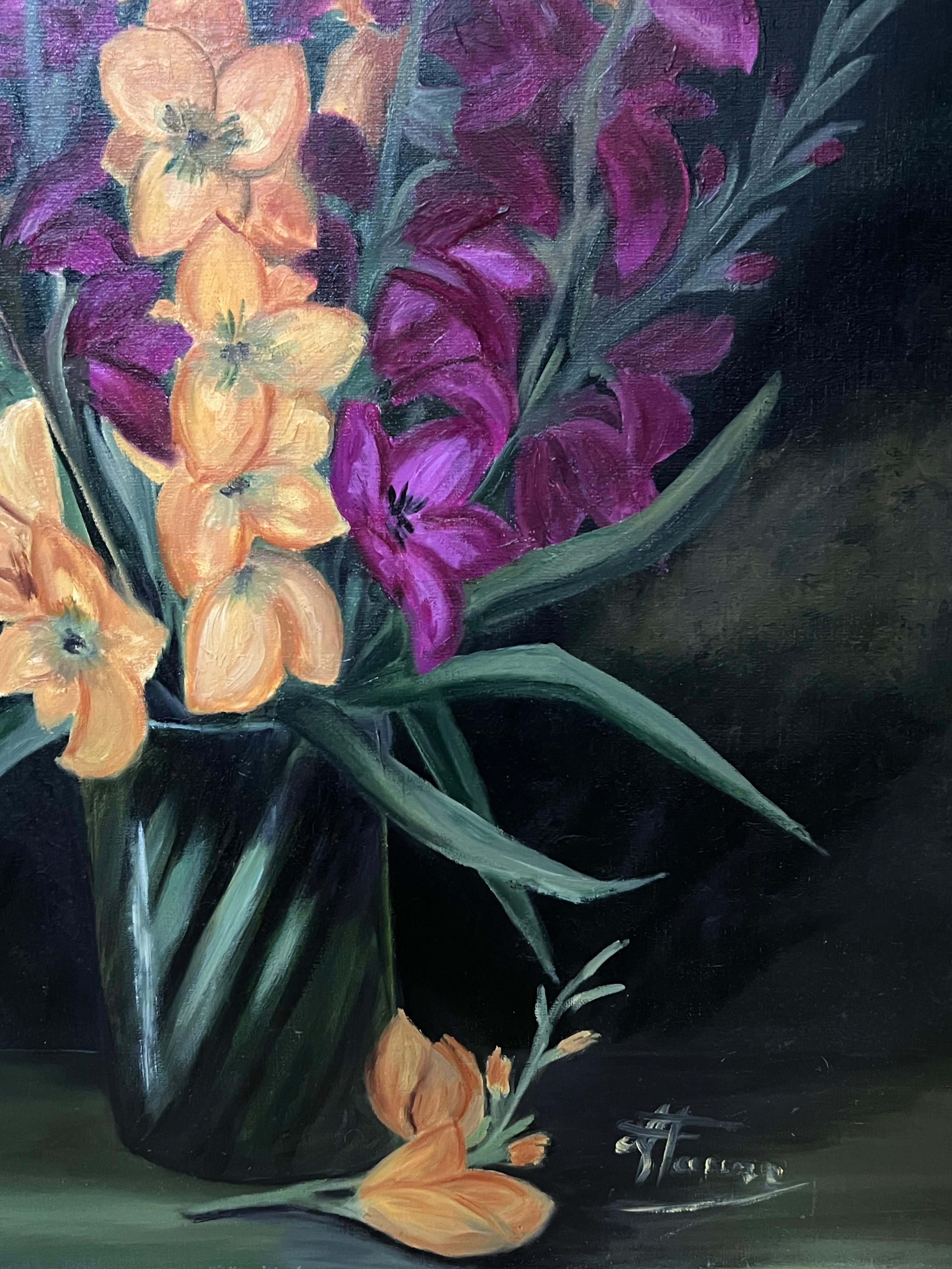 Purple and Orange Gladiolus Bouquet Still Life 20th Century French Oil Painting For Sale 1