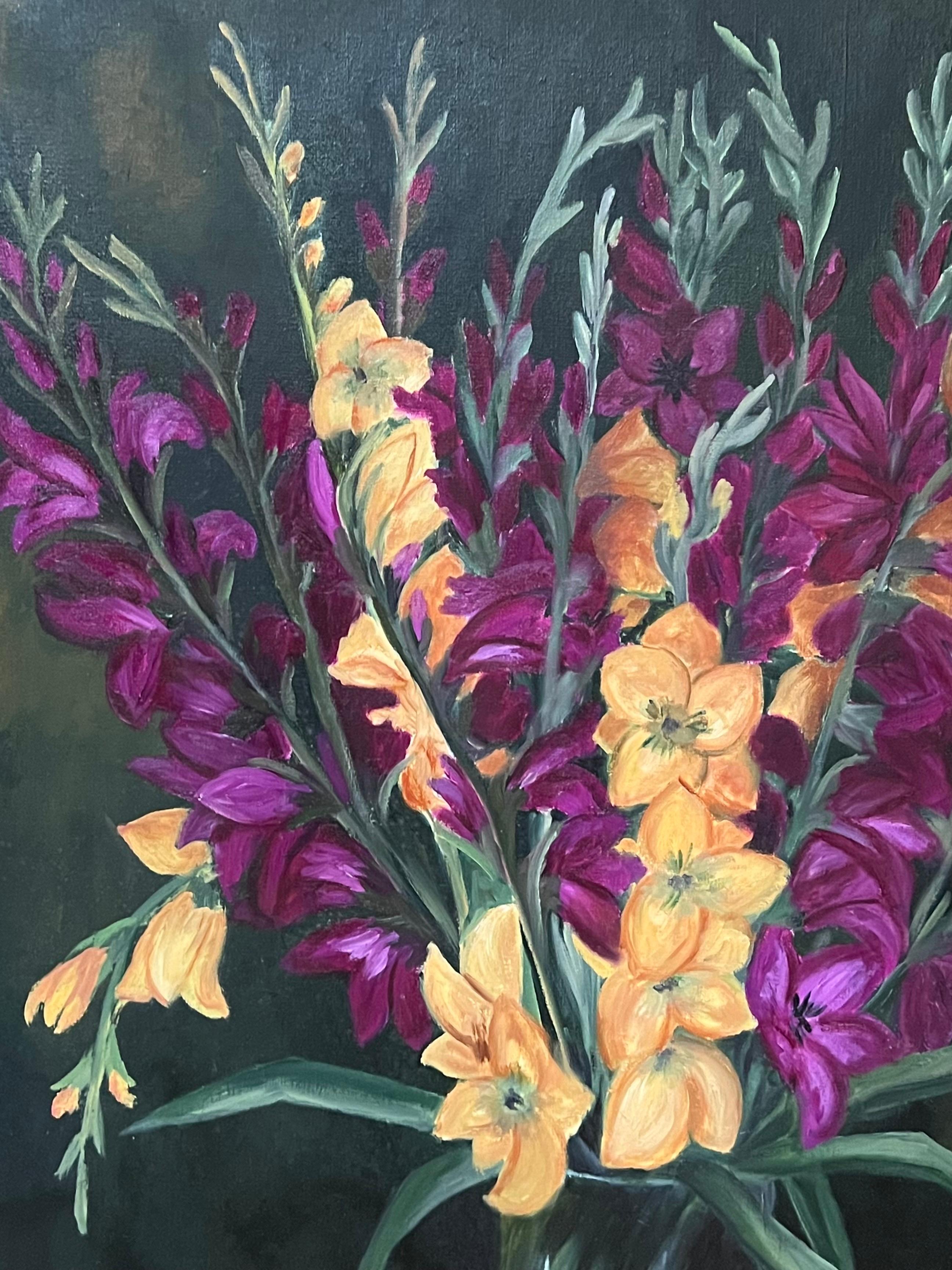 Purple and Orange Gladiolus Bouquet Still Life 20th Century French Oil Painting For Sale 2