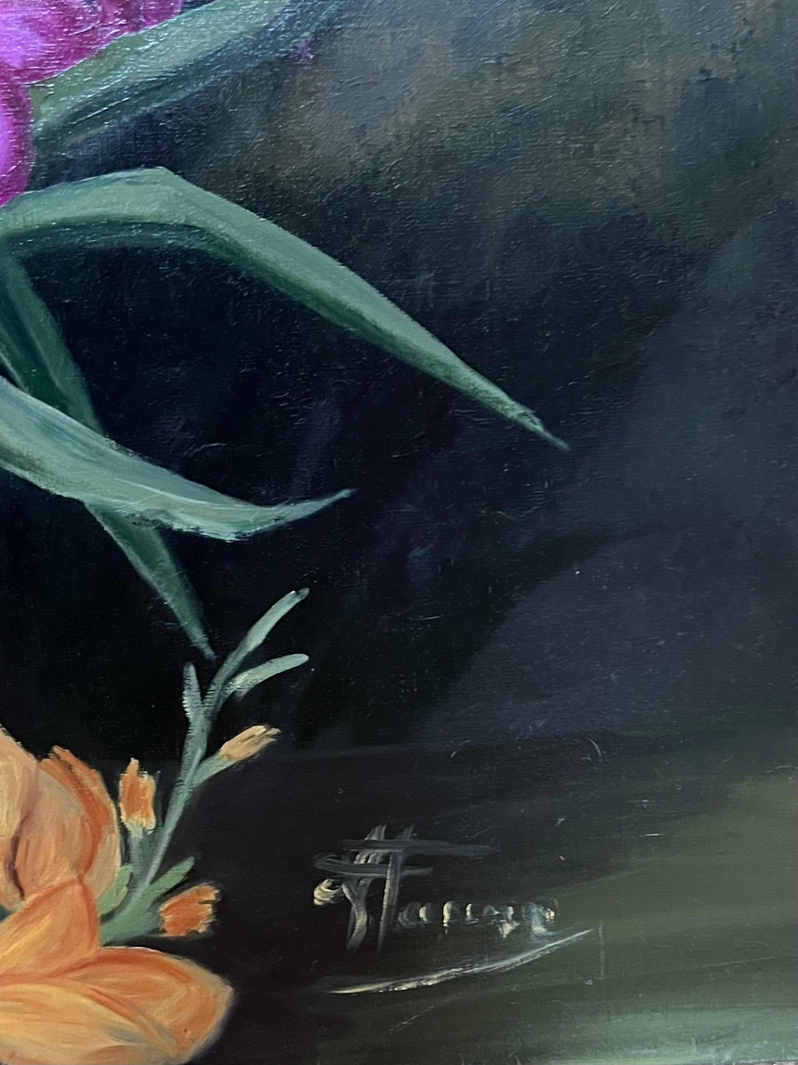 Purple and Orange Gladiolus Bouquet Still Life 20th Century French Oil Painting For Sale 3
