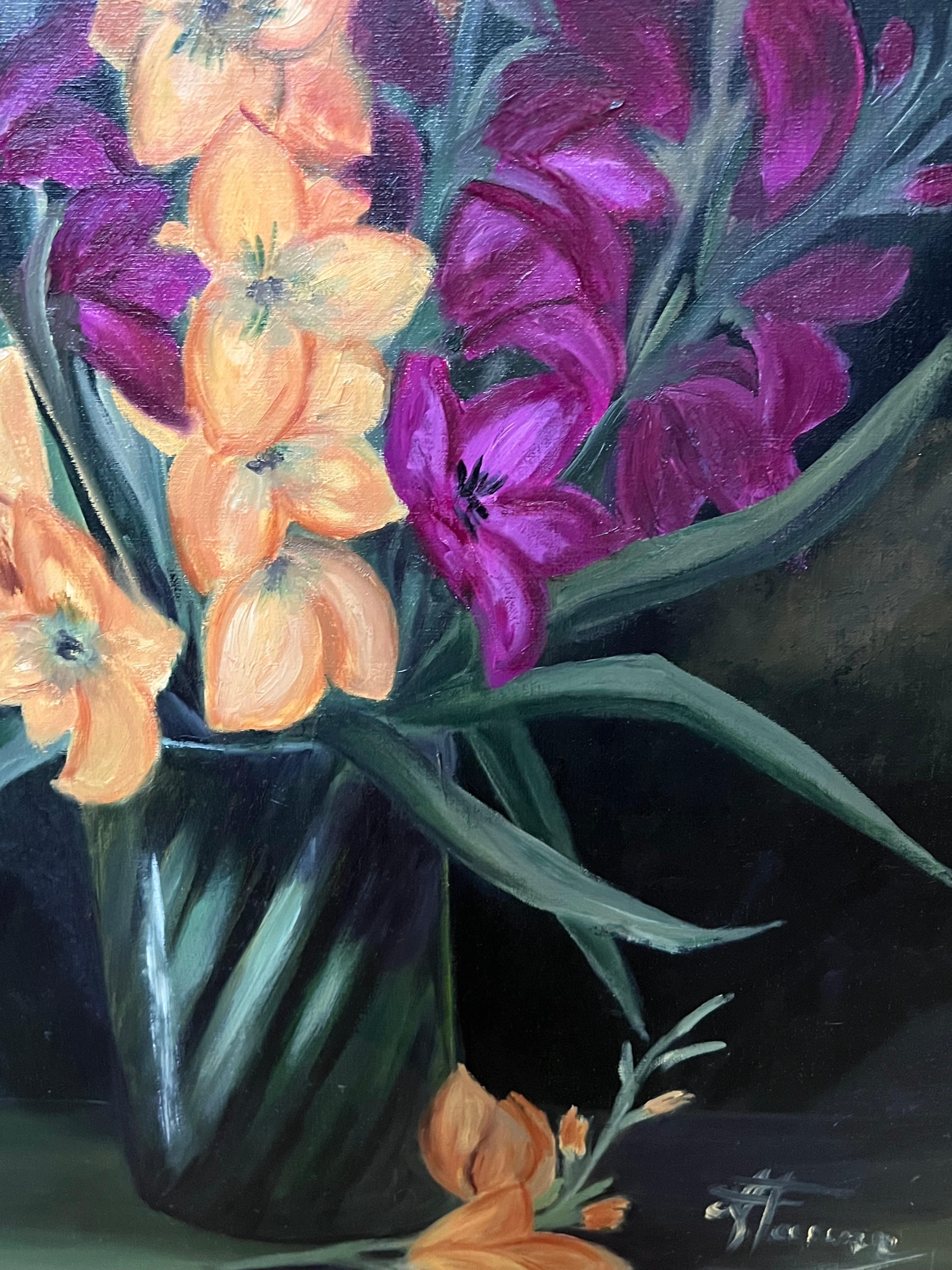 Purple and Orange Gladiolus Bouquet Still Life 20th Century French Oil Painting For Sale 4