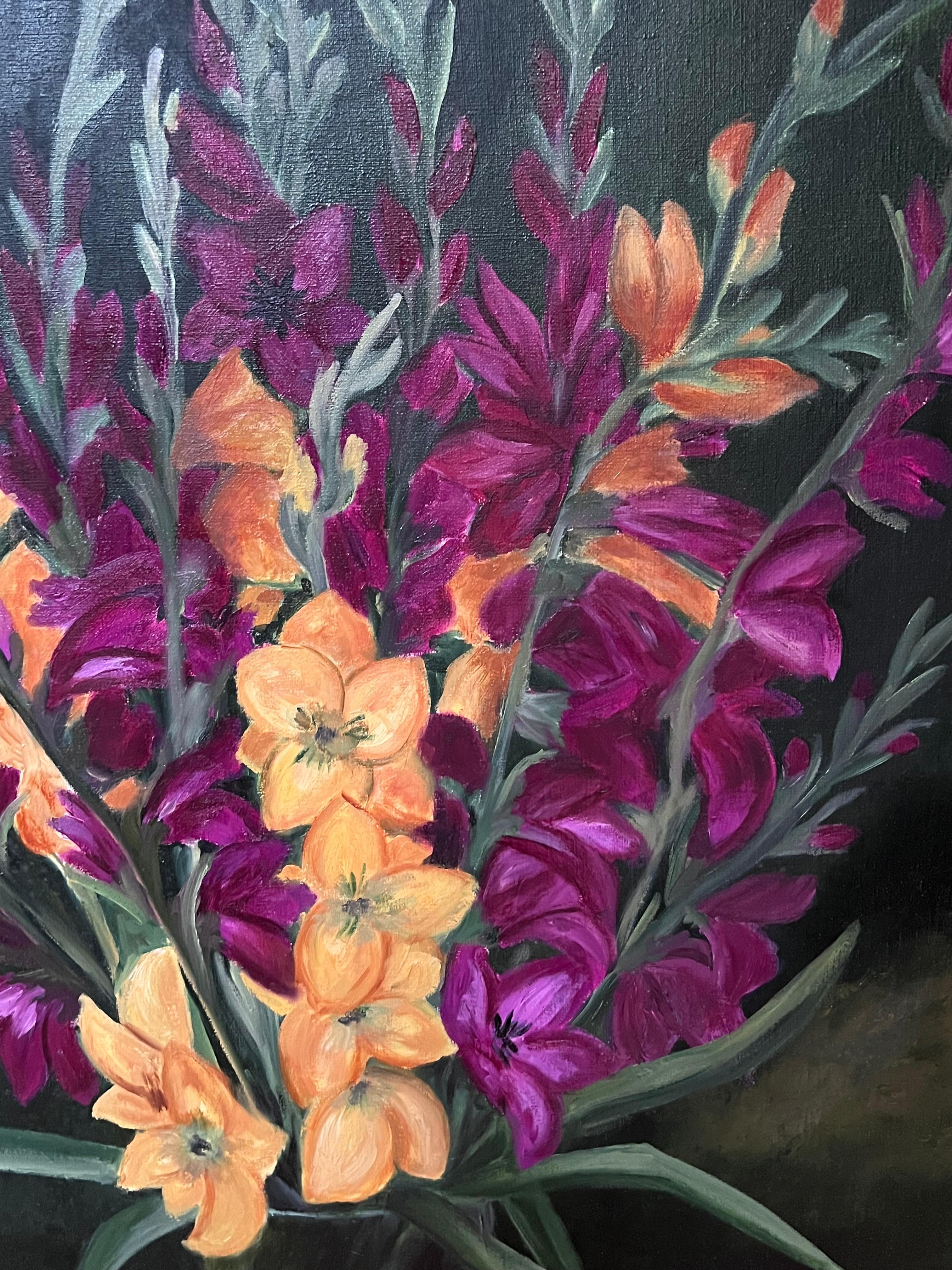 Purple and Orange Gladiolus Bouquet Still Life 20th Century French Oil Painting For Sale 5