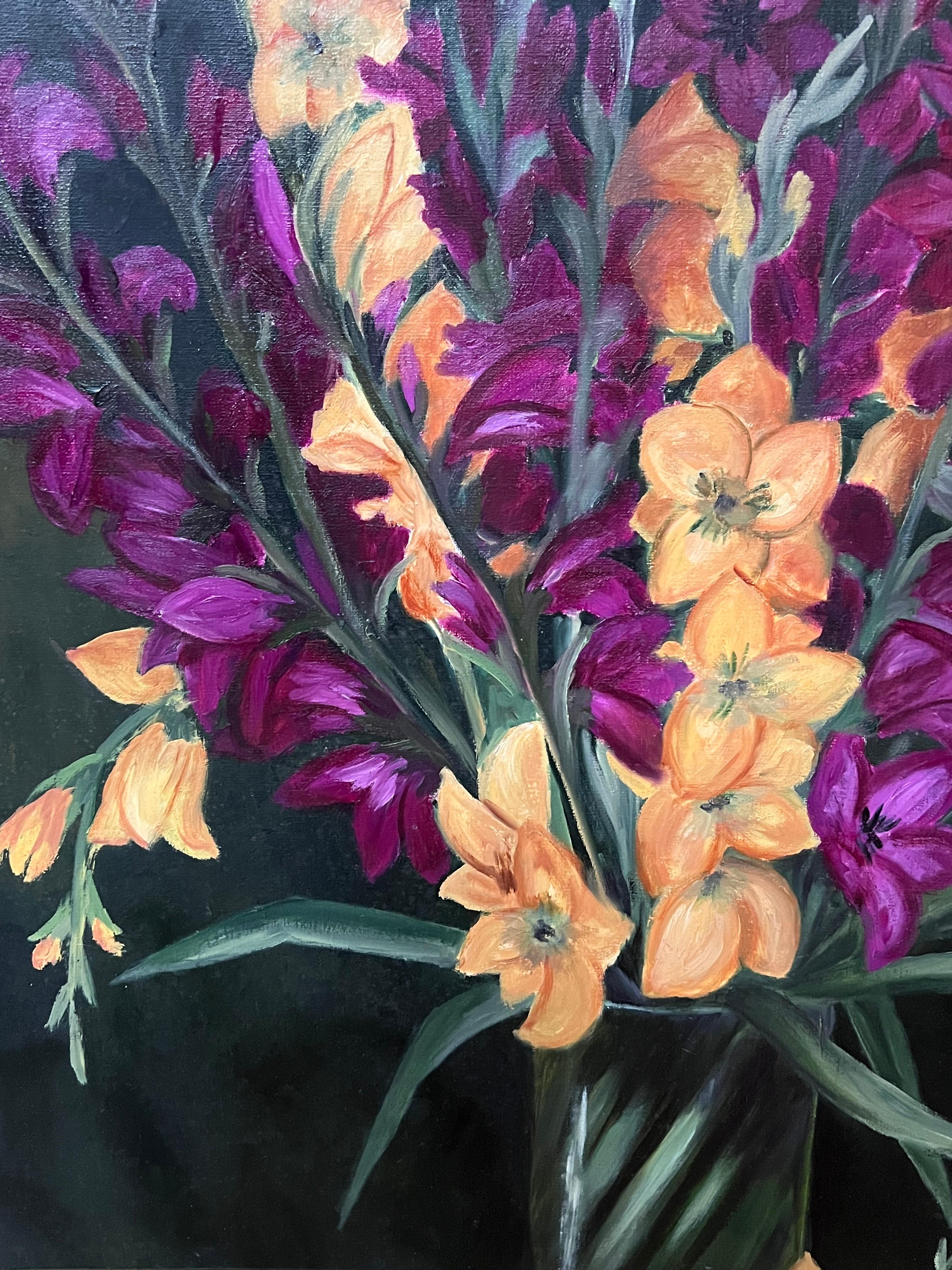 Purple and Orange Gladiolus Bouquet Still Life 20th Century French Oil Painting For Sale 6