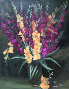 Nature morte au bouquet de glaïeuls violet et orange Peinture à l'huile française du 20e siècle