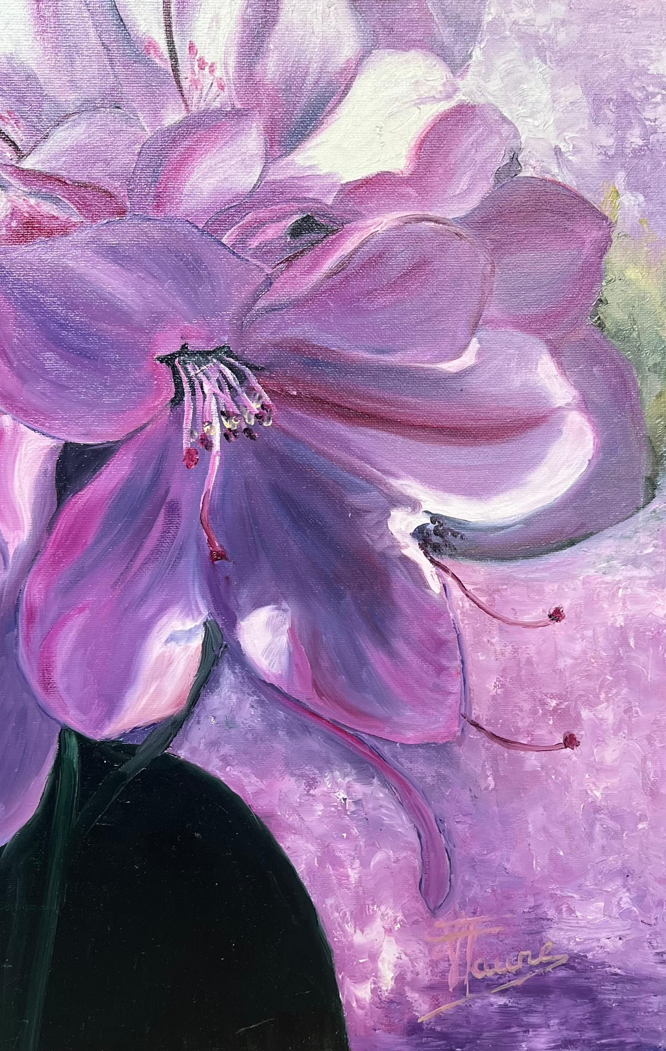 Purple Rhododendrons
by Annie Faure (French 1940-2021)
signed lower corner
oil painting on canvas, unframed
canvas size: 21 x 28.5 inches
condition: overall very good, minor surface scuffs from previous storage
provenance: from the artists family in