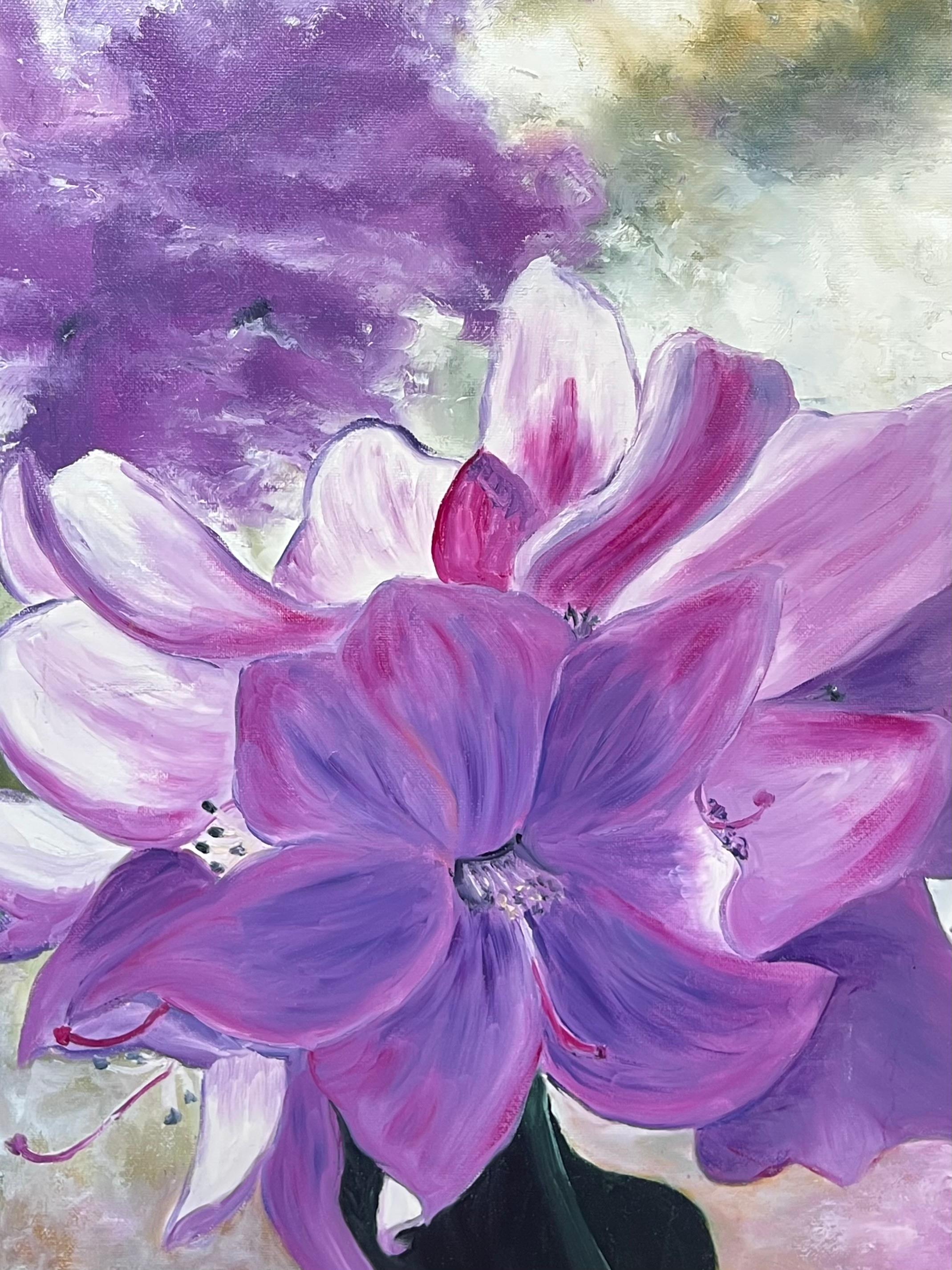 Purple Rhododendrons Flower Heads Still Life 20th Century French Oil Painting For Sale 1