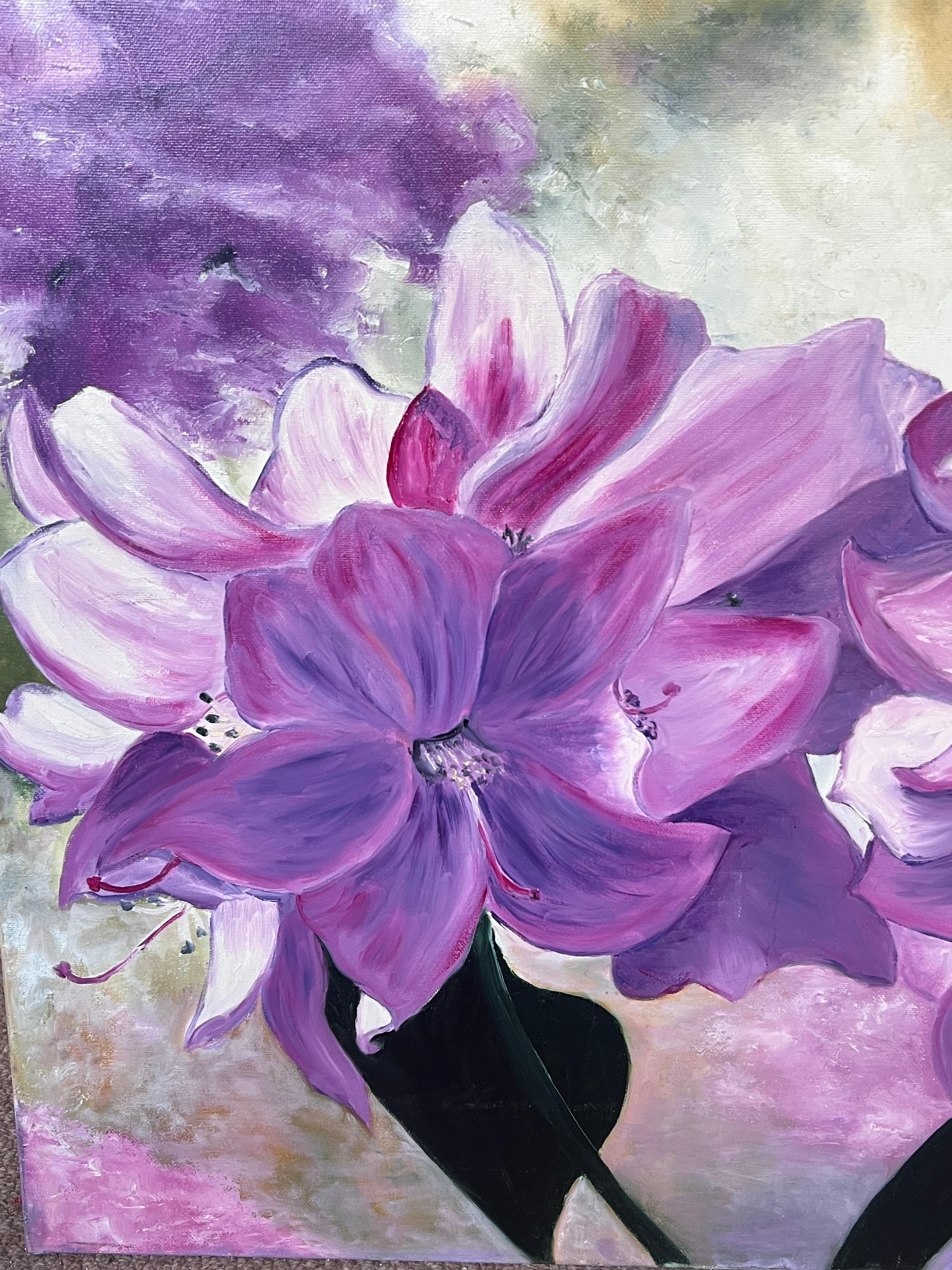 Purple Rhododendrons Flower Heads Still Life 20th Century French Oil Painting For Sale 2