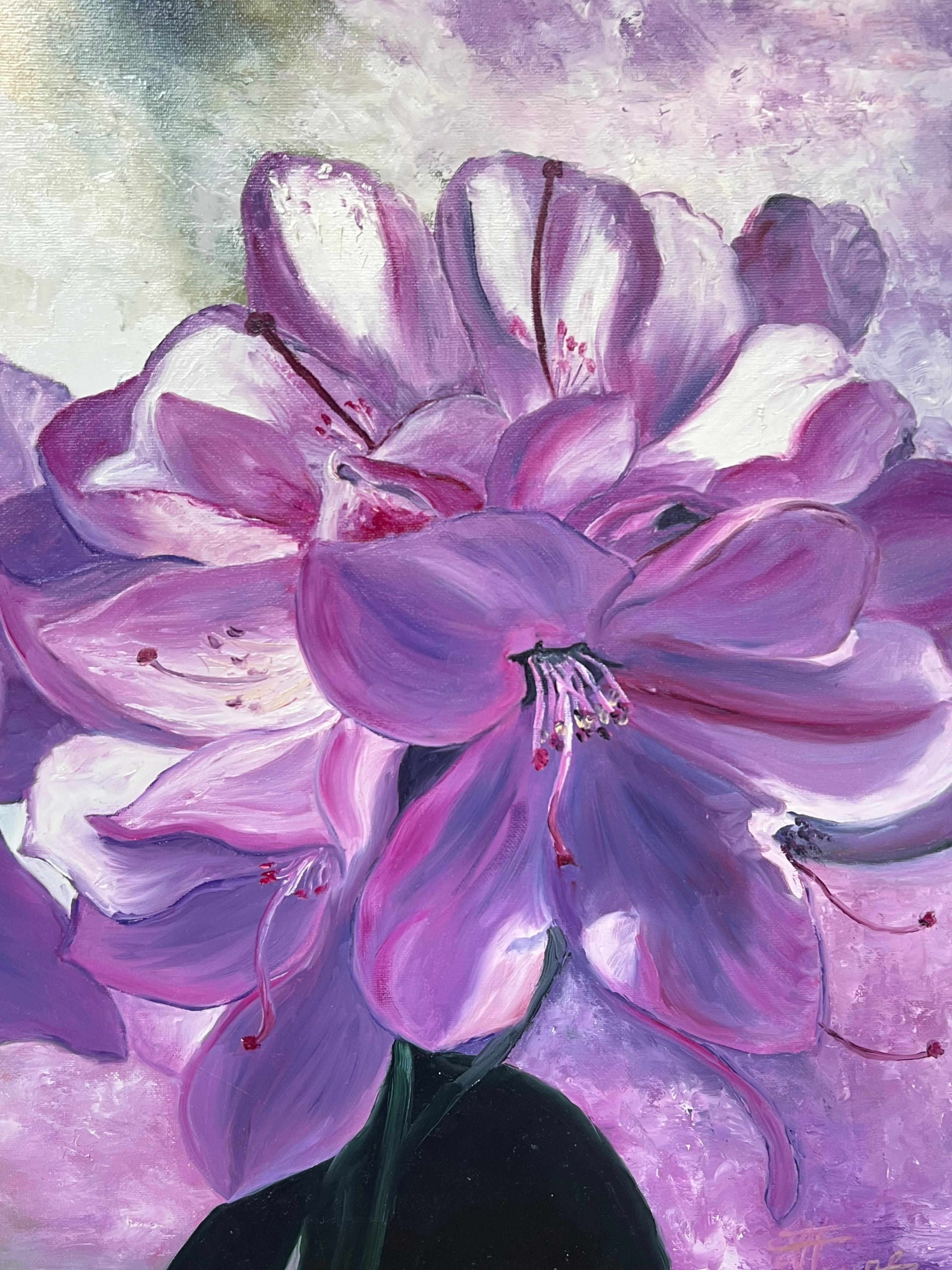 Purple Rhododendrons Flower Heads Still Life 20th Century French Oil Painting For Sale 3