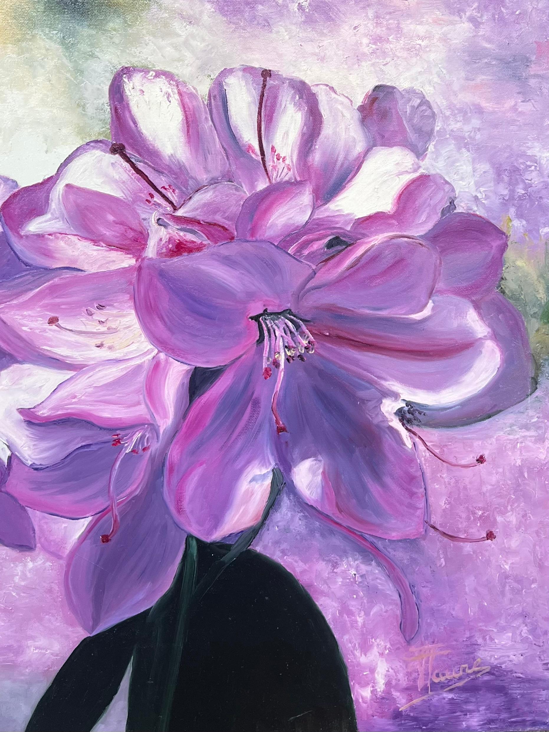 Purple Rhododendrons Flower Heads Still Life 20th Century French Oil Painting For Sale 4