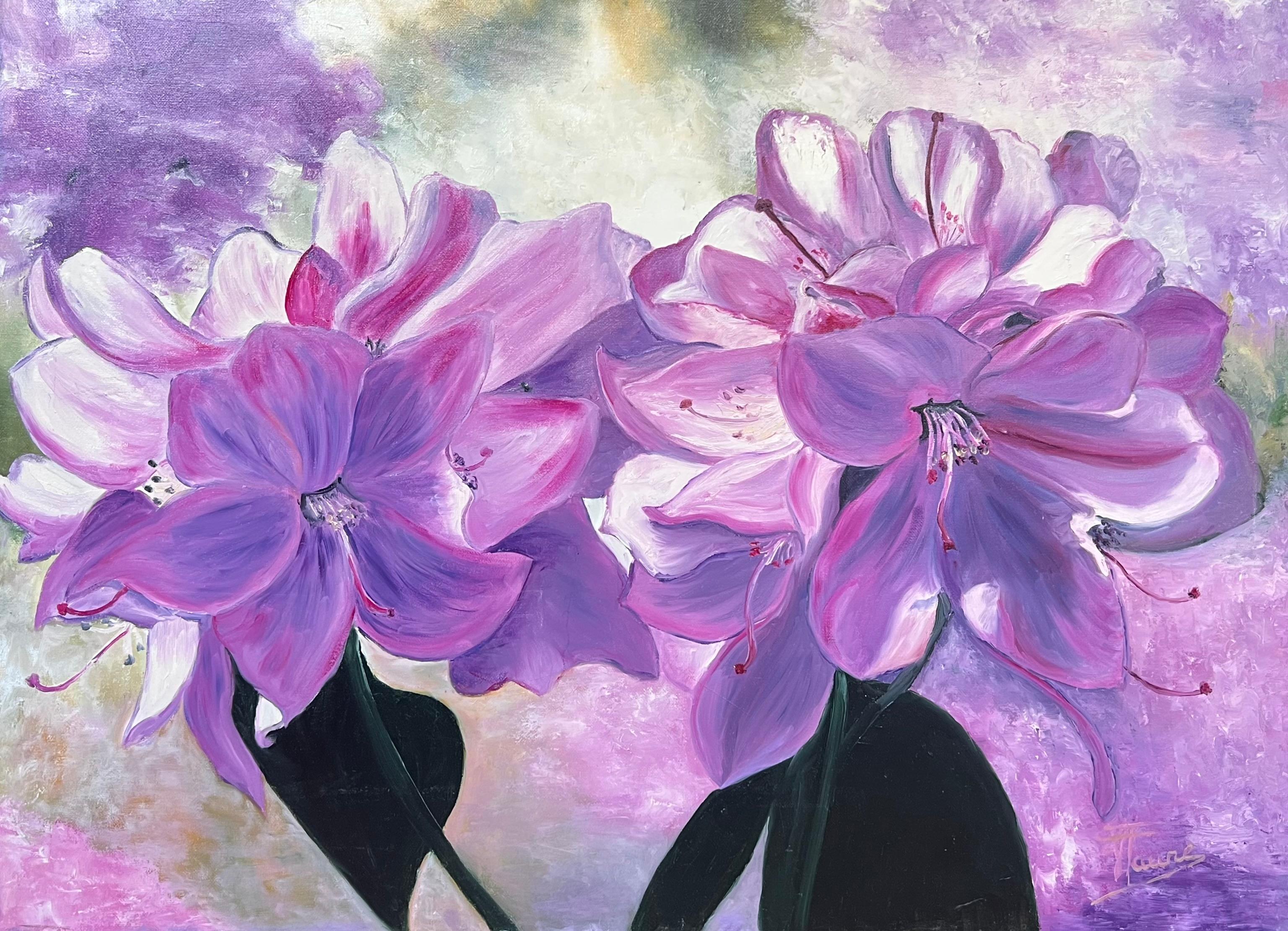 Annie Faure Interior Painting - Purple Rhododendrons Flower Heads Still Life 20th Century French Oil Painting