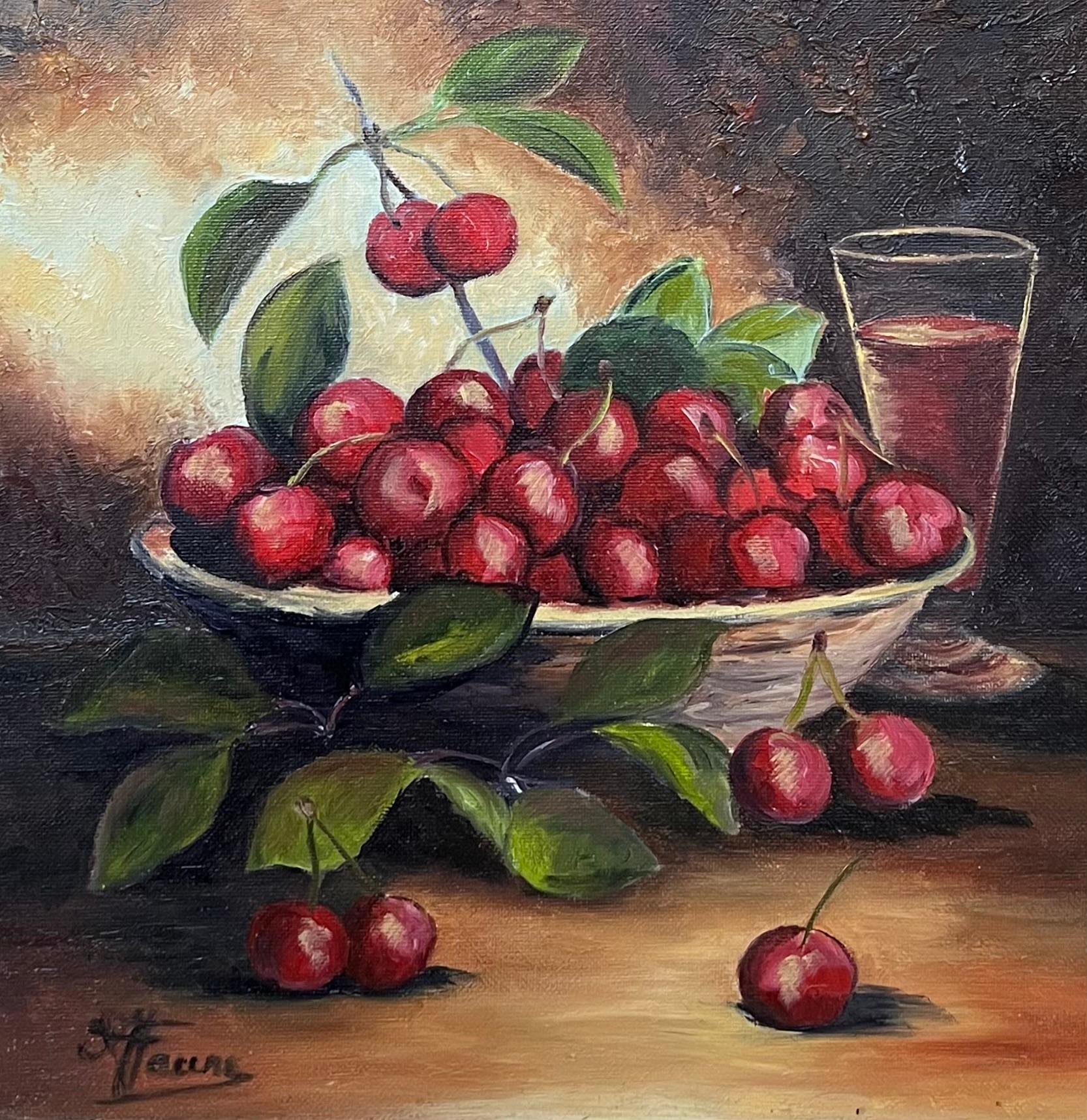 Bodegón de cerezas rojas maduras desbordando frutero Francés Siglo XX Óleo - Painting de Annie Faure