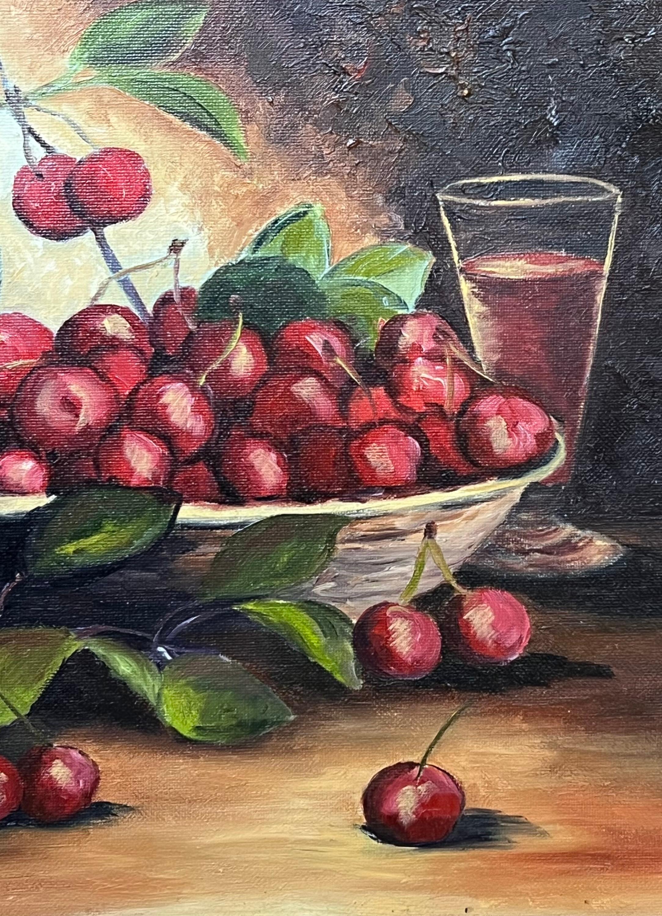 Bodegón de cerezas rojas maduras desbordando frutero Francés Siglo XX Óleo - Painting Escuela francesa de Annie Faure