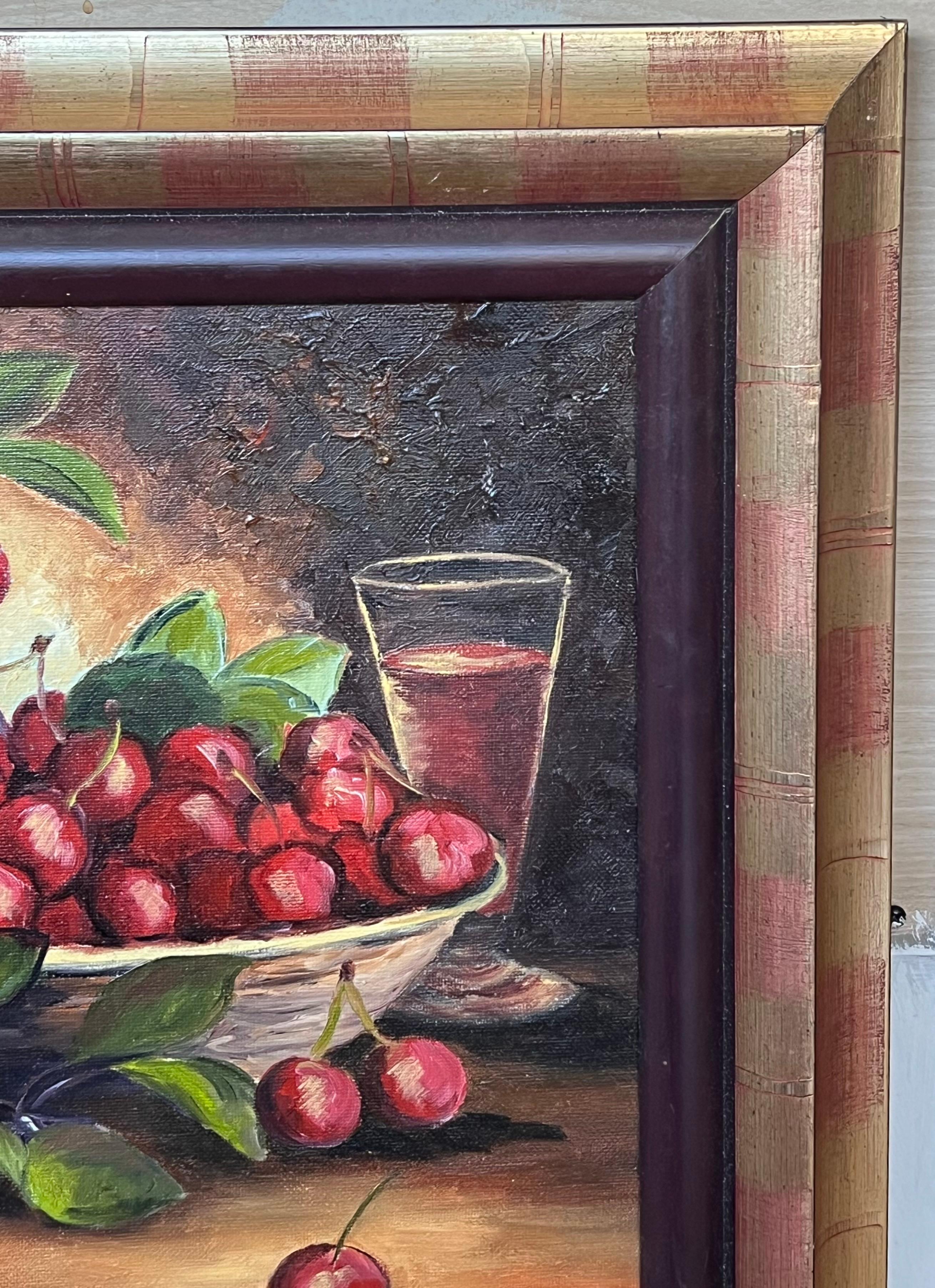 Bodegón de cerezas rojas maduras desbordando frutero Francés Siglo XX Óleo - Still-Life Painting Negro de Annie Faure