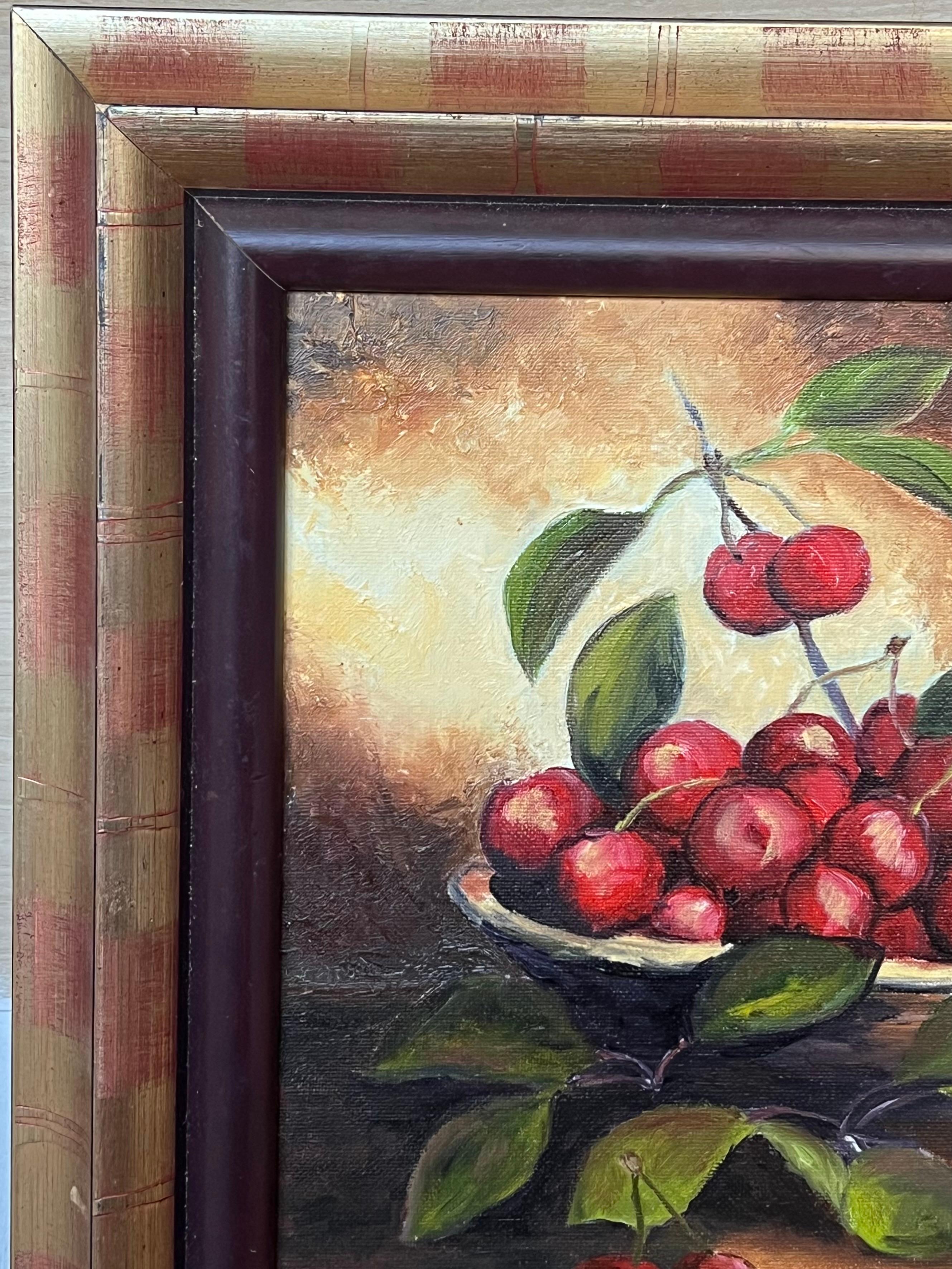 Bodegón de cerezas maduras
de Annie Faure (francesa 1940-2021)
firmado esquina inferior
óleo sobre lienzo, enmarcado
enmarcado: 16,5 x 16,5 pulgadas
tamaño del lienzo: 12 x 12 pulgadas
estado: en general muy bueno, pequeños arañazos superficiales de