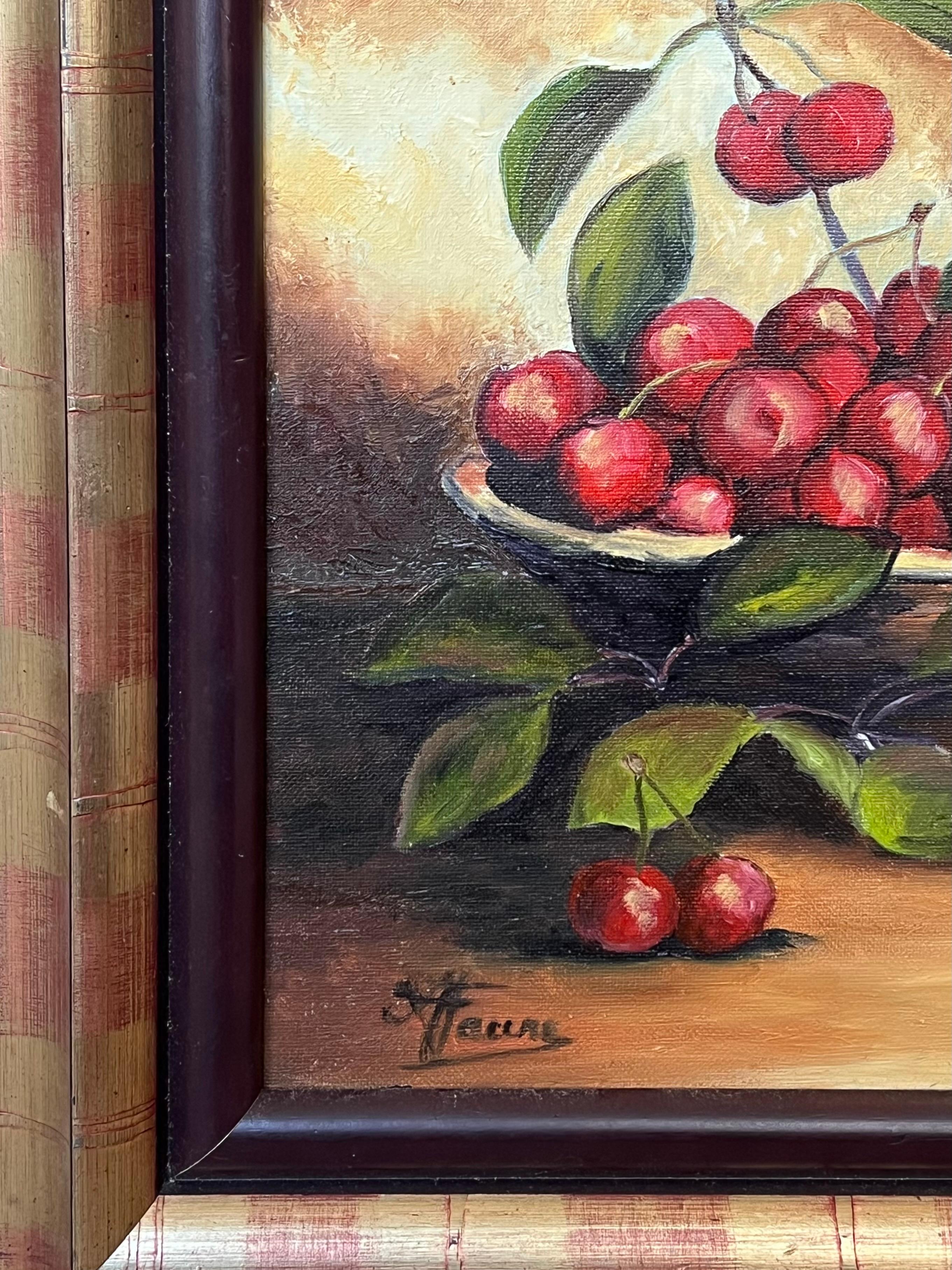 Bodegón de cerezas rojas maduras desbordando frutero Francés Siglo XX Óleo en venta 1