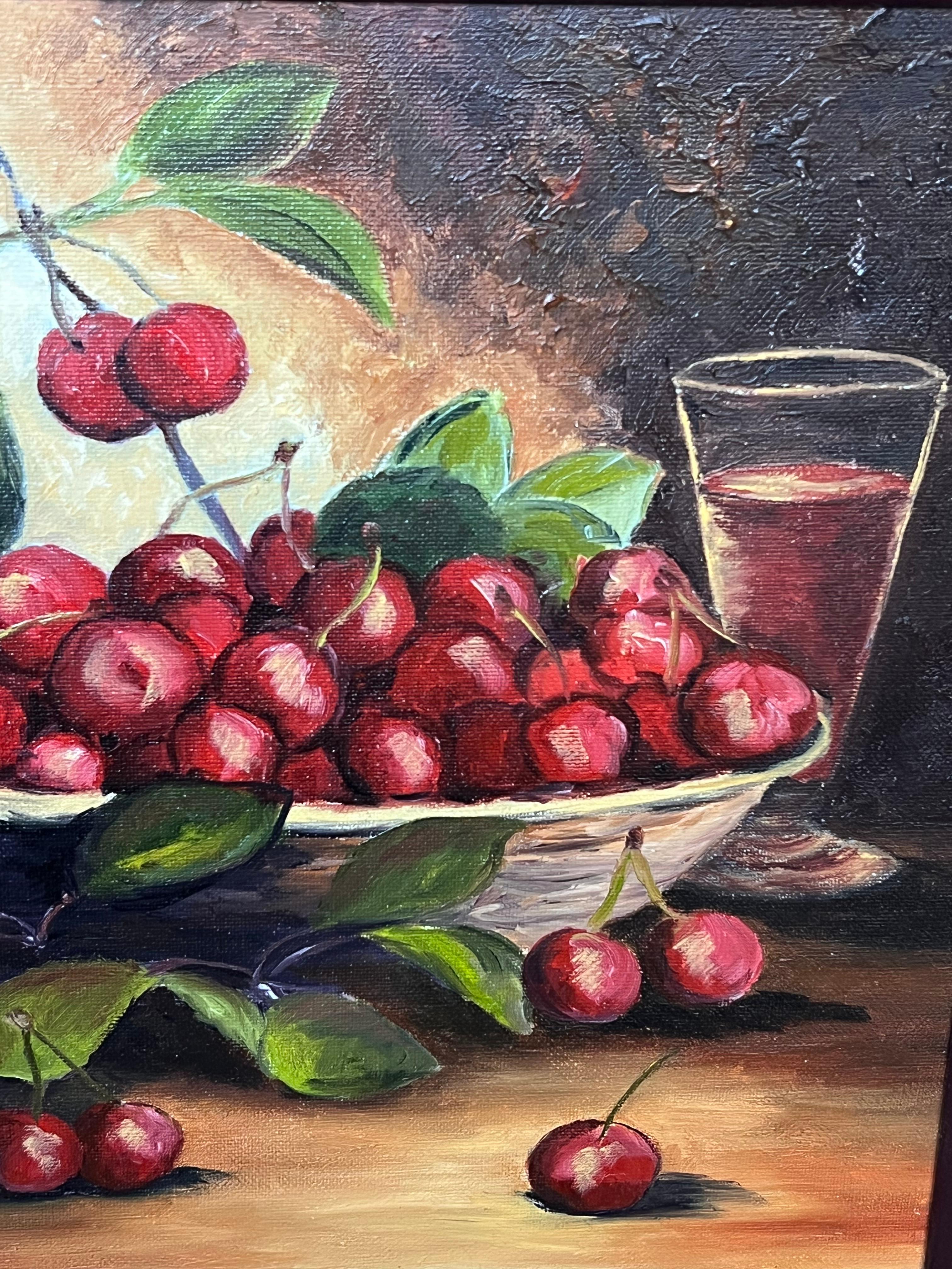 Bodegón de cerezas rojas maduras desbordando frutero Francés Siglo XX Óleo en venta 3