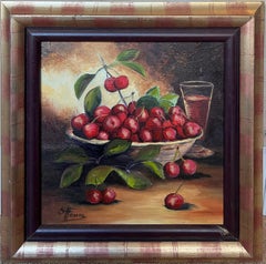 Bodegón de cerezas rojas maduras desbordando frutero Francés Siglo XX Óleo