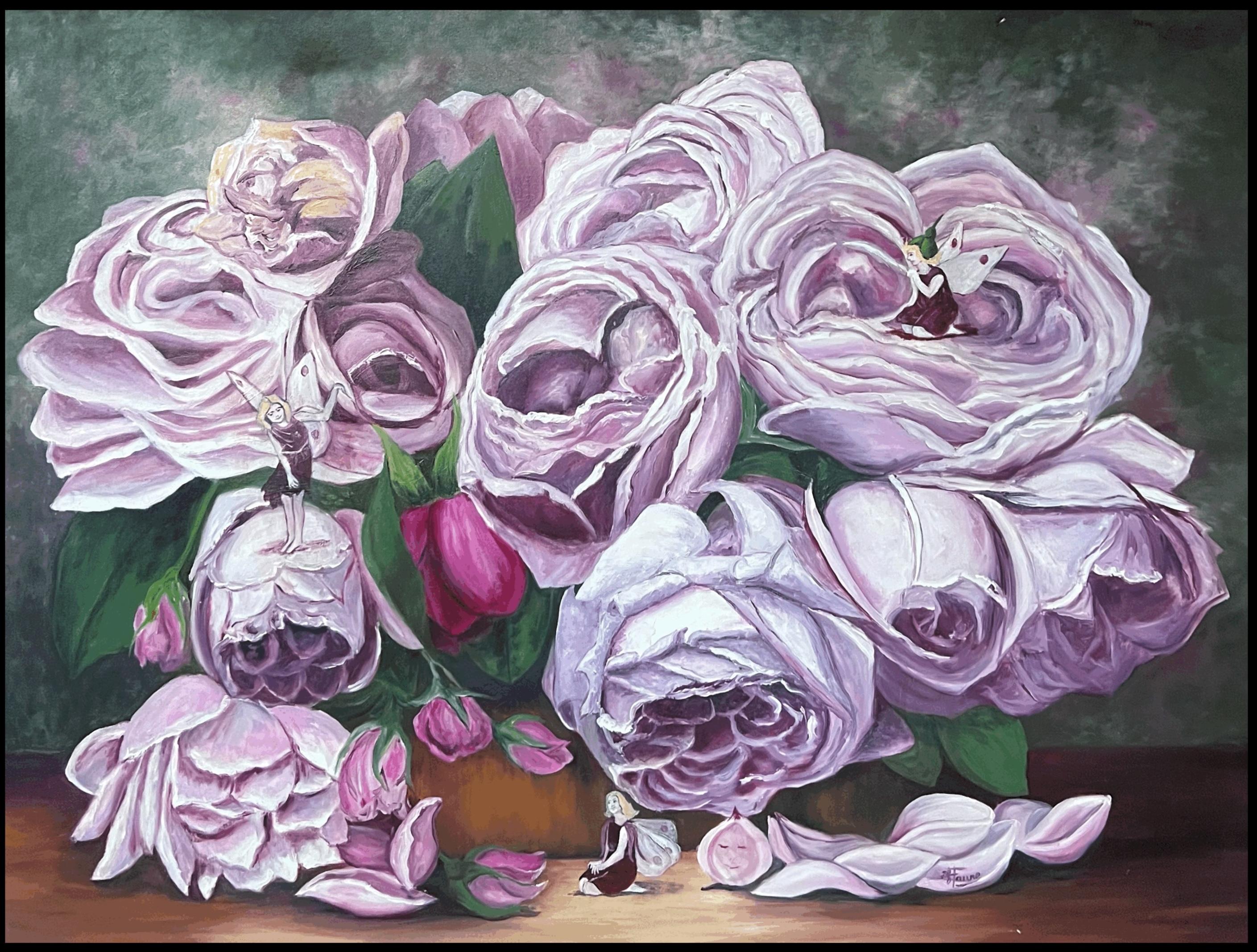 Tiny Dancers and Fairies in The Blooming Pink Roses, großes Ölgemälde – Painting von Annie Faure