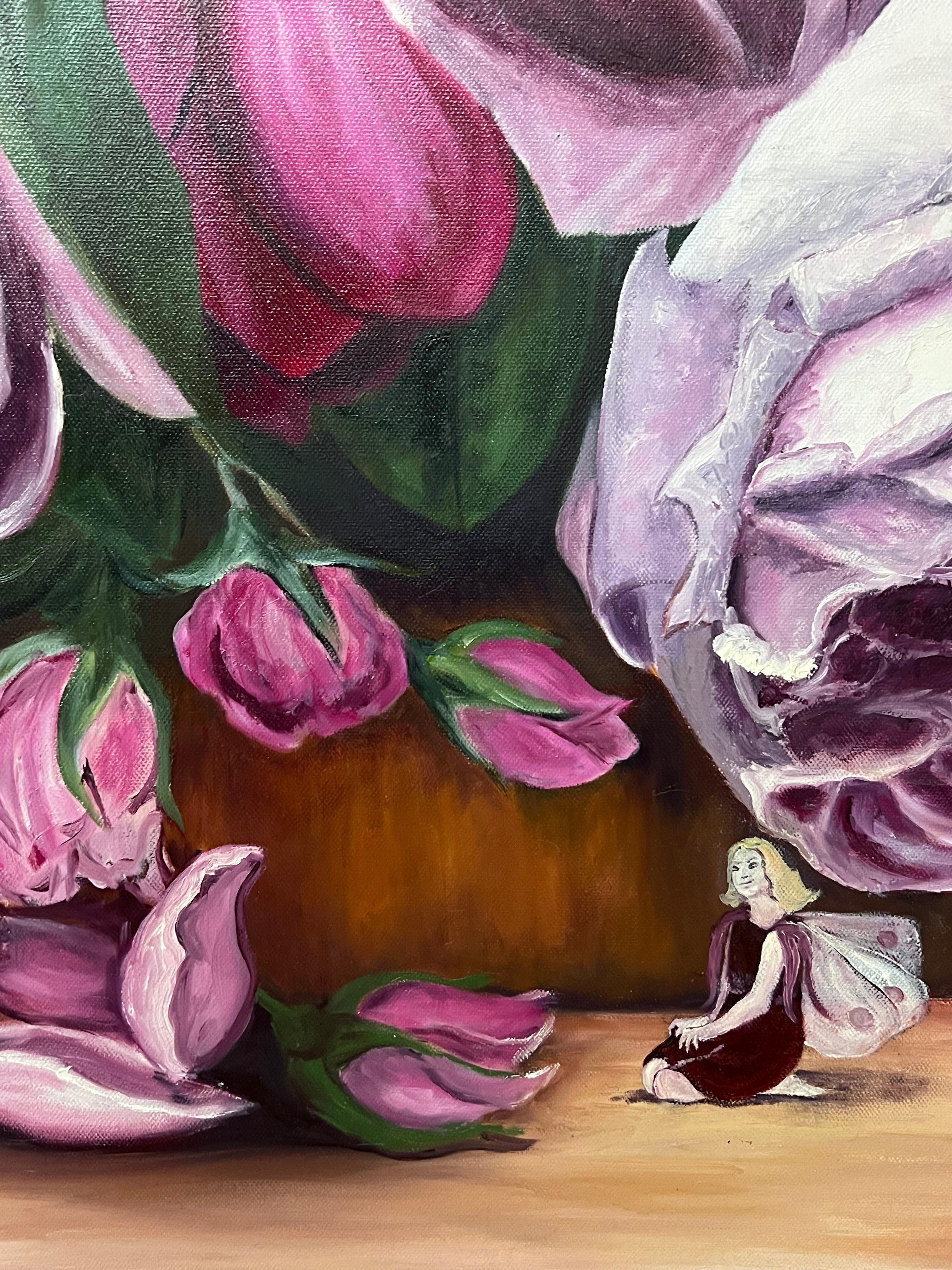 Tiny Dancers and Fairies in The Blooming Pink Roses, großes Ölgemälde (Post-Impressionismus), Painting, von Annie Faure