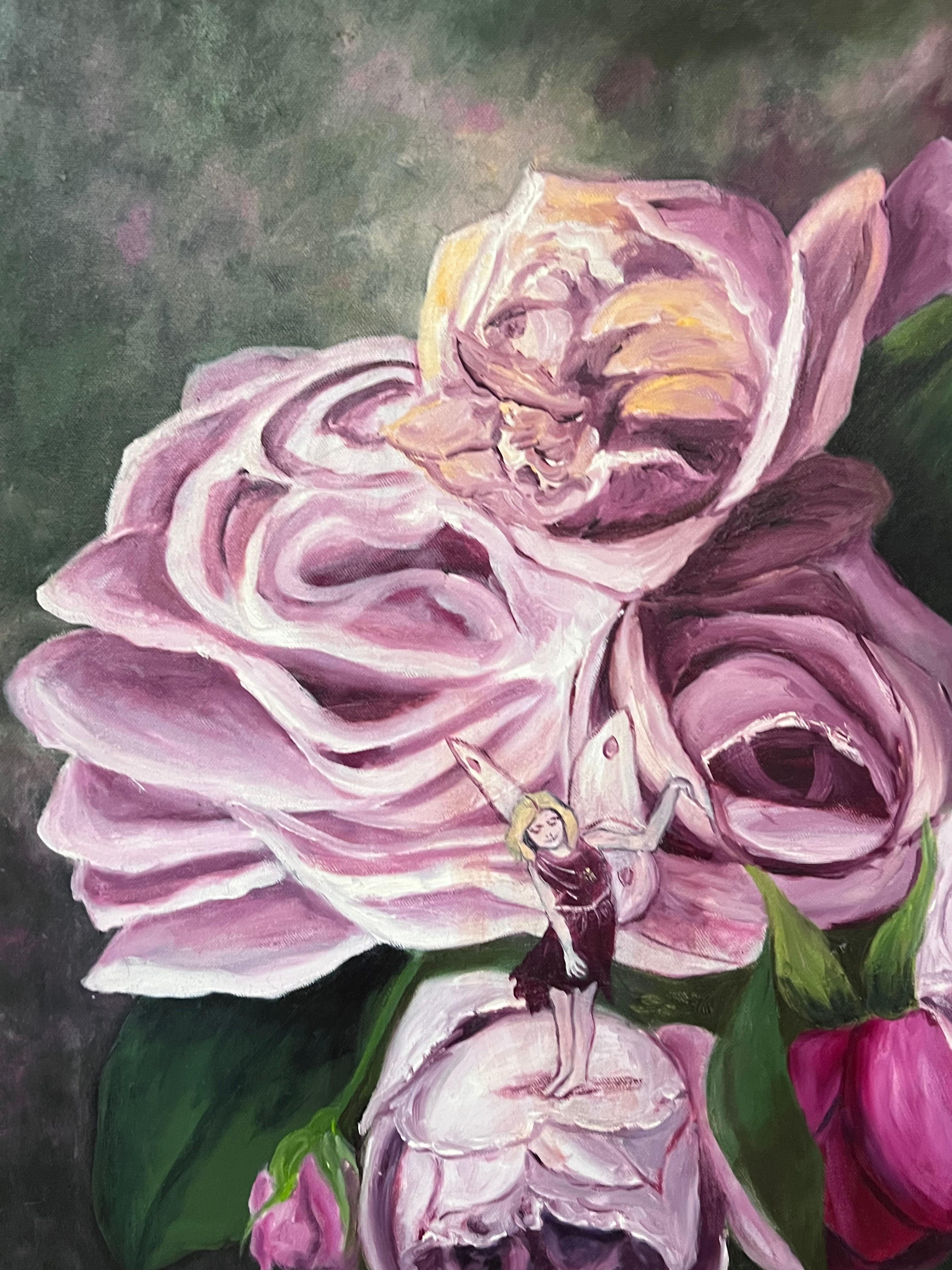 Tiny Dancers and Fairies in The Blooming Pink Roses, großes Ölgemälde im Angebot 1