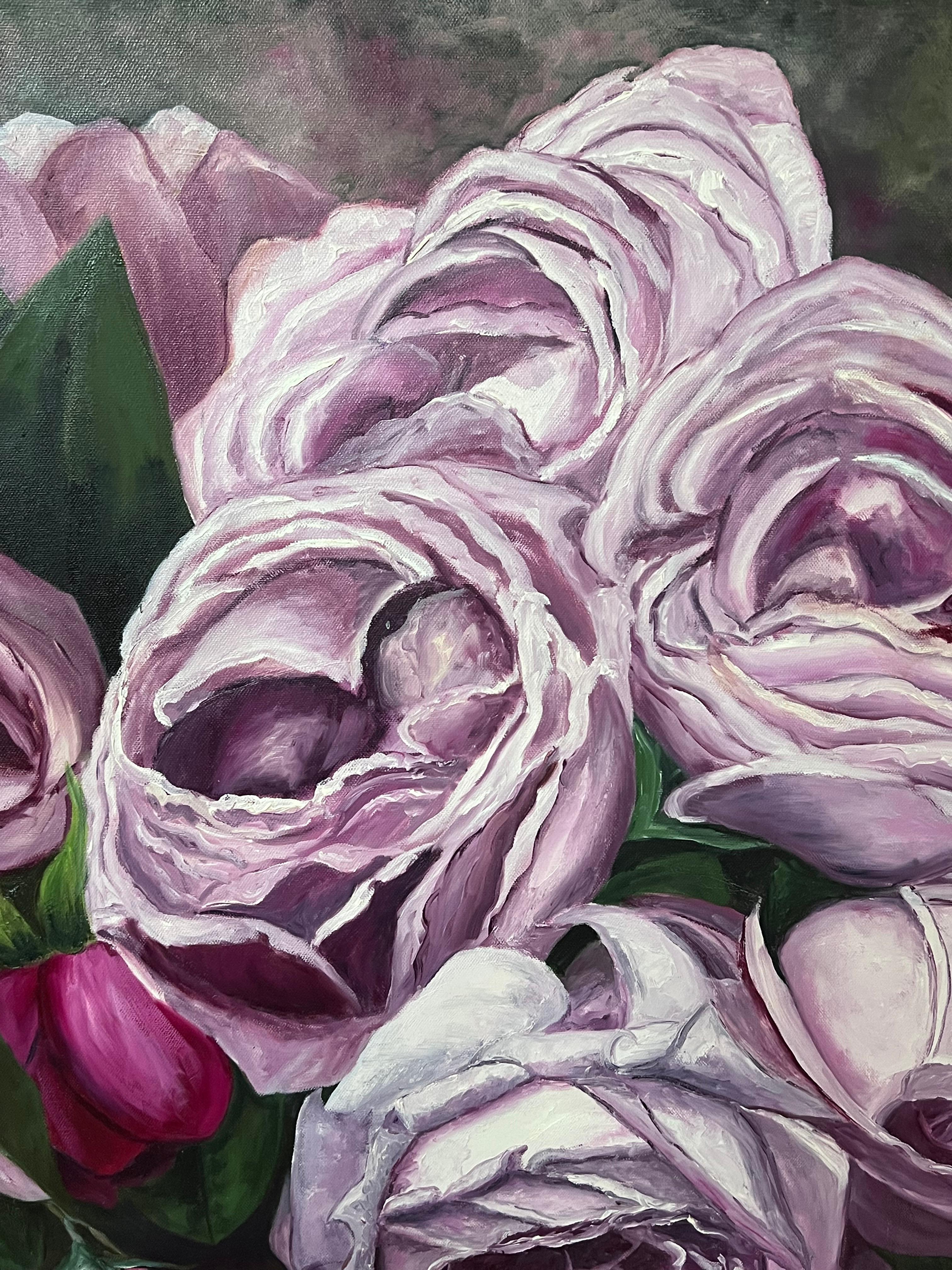 Tiny Dancers and Fairies in The Blooming Pink Roses, großes Ölgemälde im Angebot 2