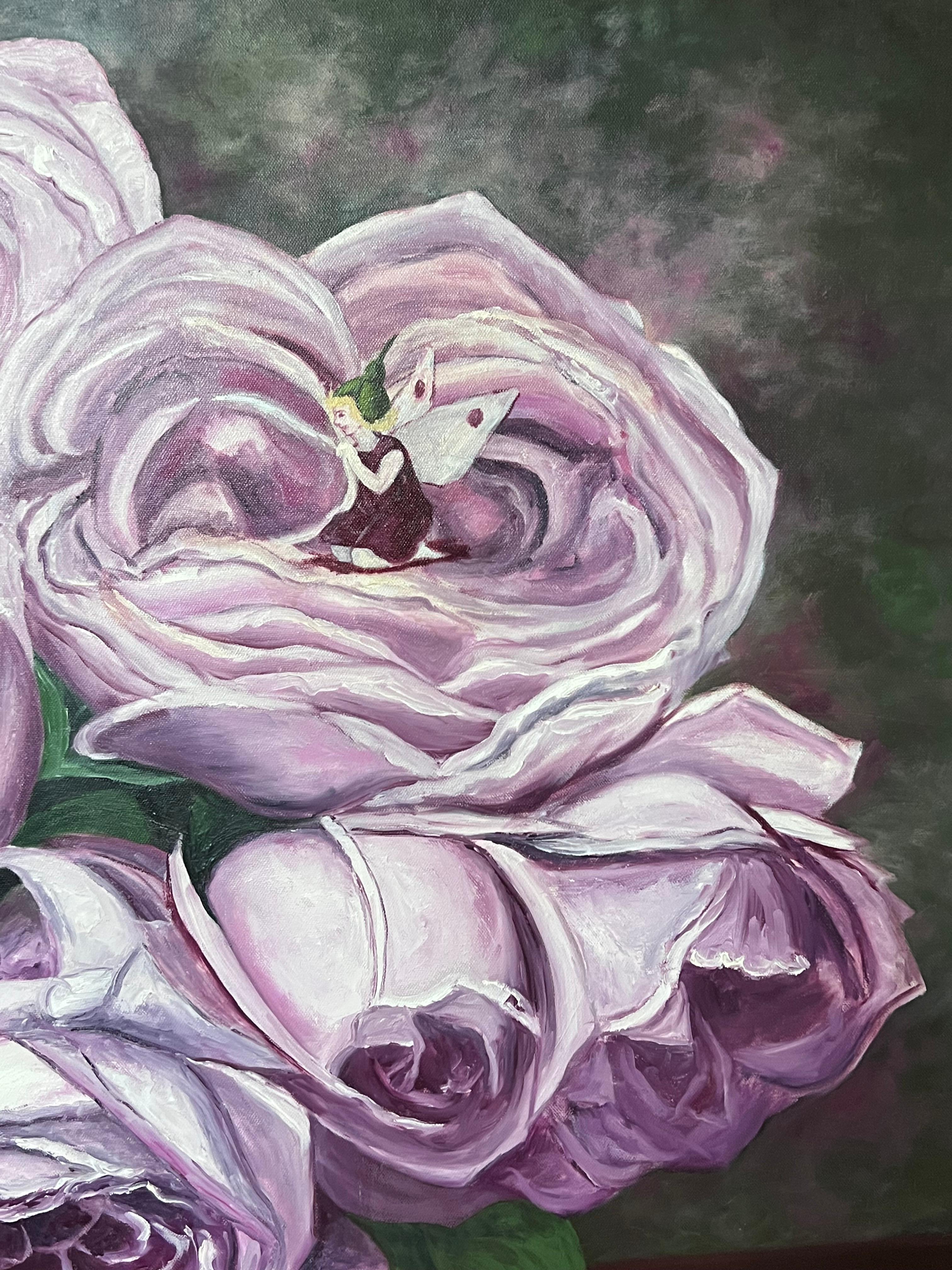 Tiny Dancers and Fairies in The Blooming Pink Roses, großes Ölgemälde im Angebot 4
