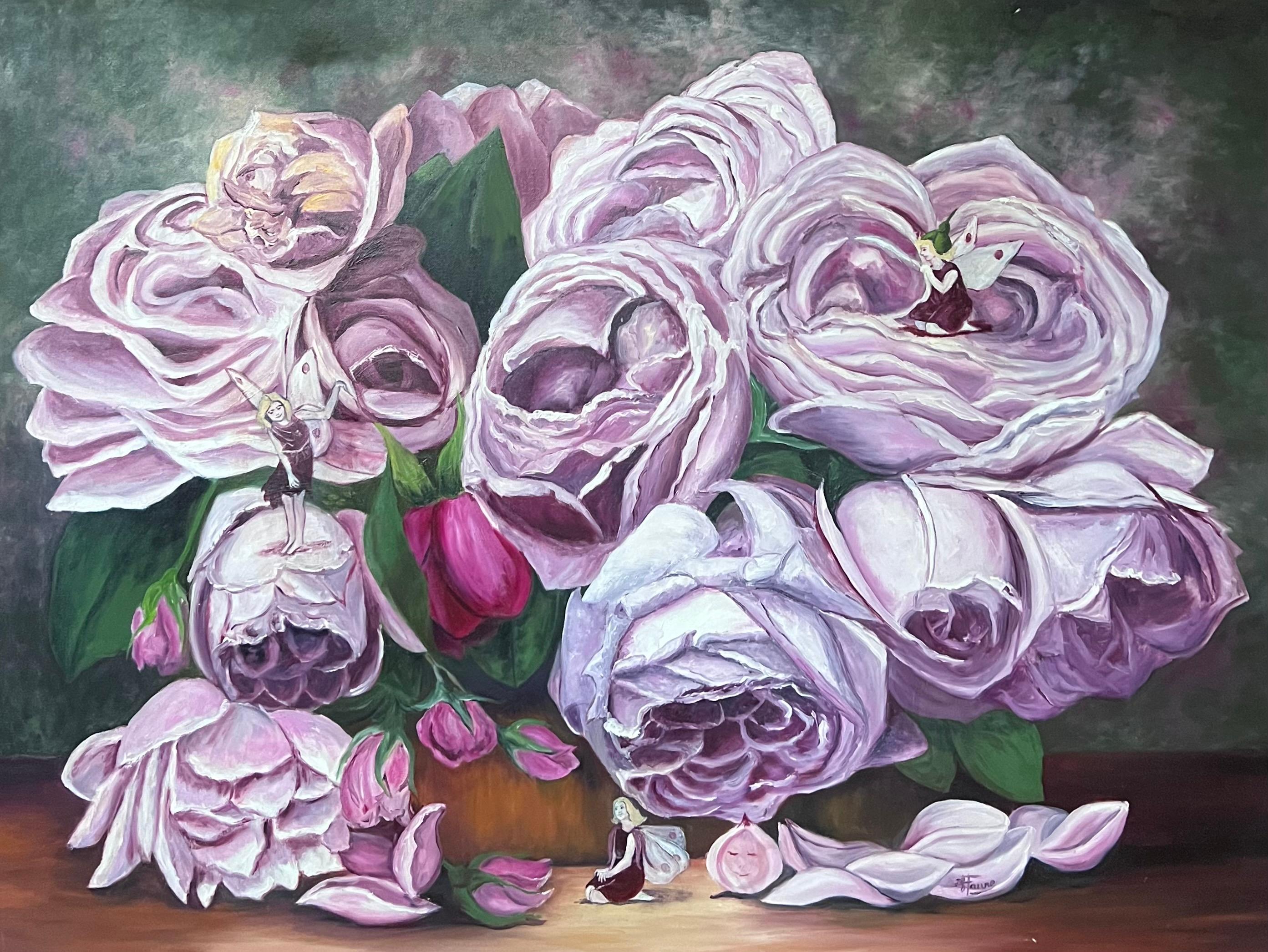 Tiny Dancers and Fairies in The Blooming Pink Roses Large Oil Painting