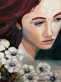 Unicorns & Female Portrait in Mythological Landscape French Oil Painting