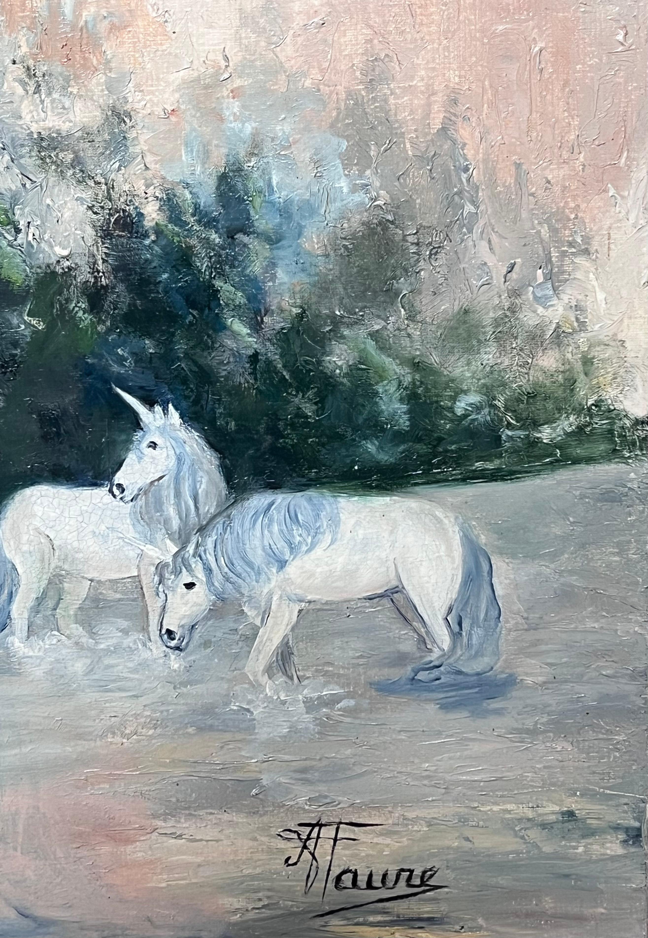 Einhorn und weibliches Porträt in mythologischer Landschaft, Französisches Ölgemälde (Französische Schule), Painting, von Annie Faure