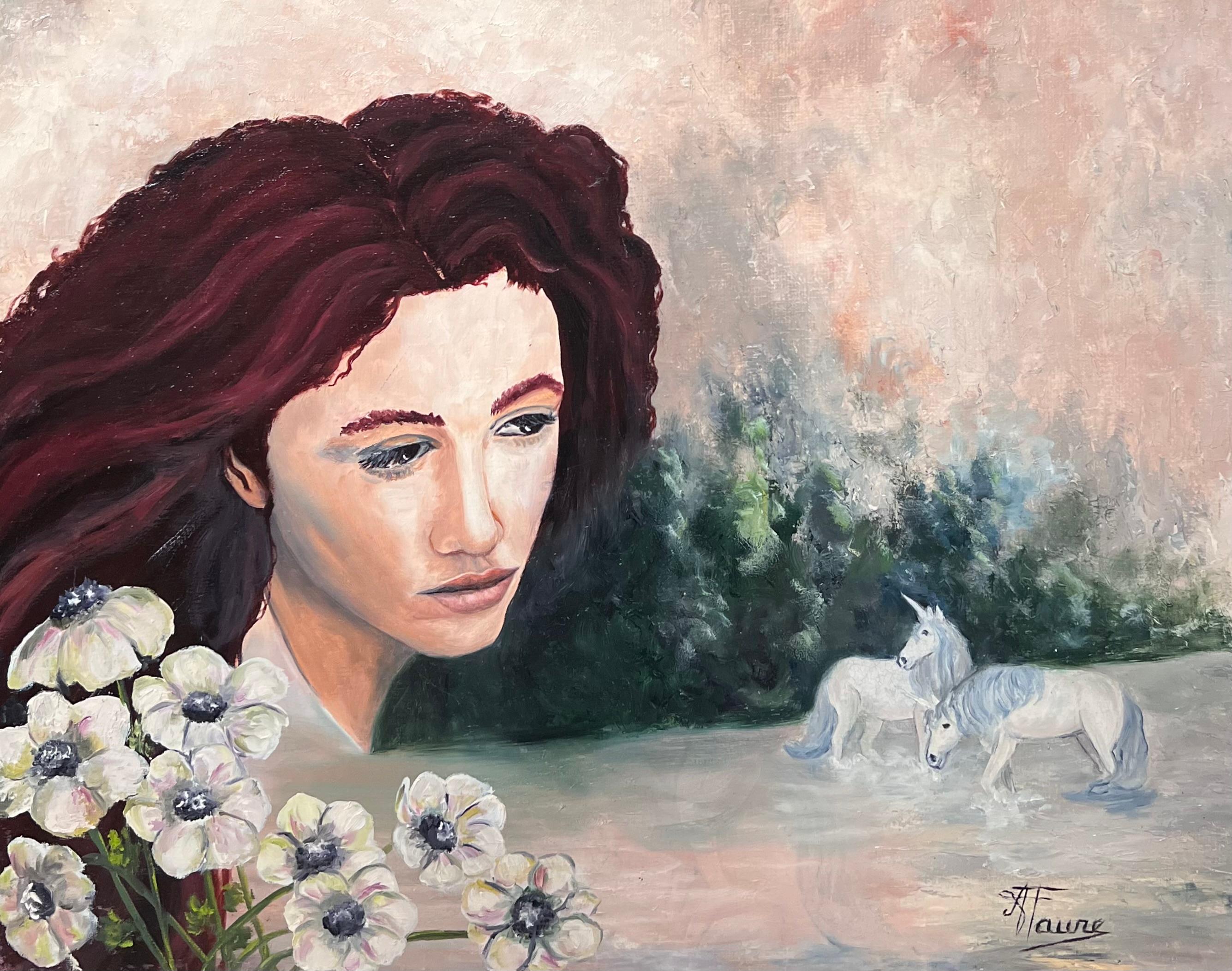 Unicorns & Female Portrait in Mythological Landscape French Oil Painting