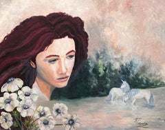 Unicorns & Female Portrait in Mythological Landscape French Oil Painting