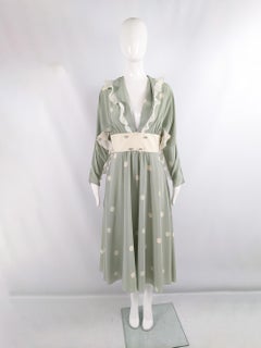 Annie Gough Vintage 1970s Pastel Green Polka Dot Dolman Sleeve Ruffle Dress