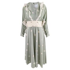 Annie Gough Vintage 1970s Pastel Green Polka Dot Dolman Sleeve Ruffle Dress