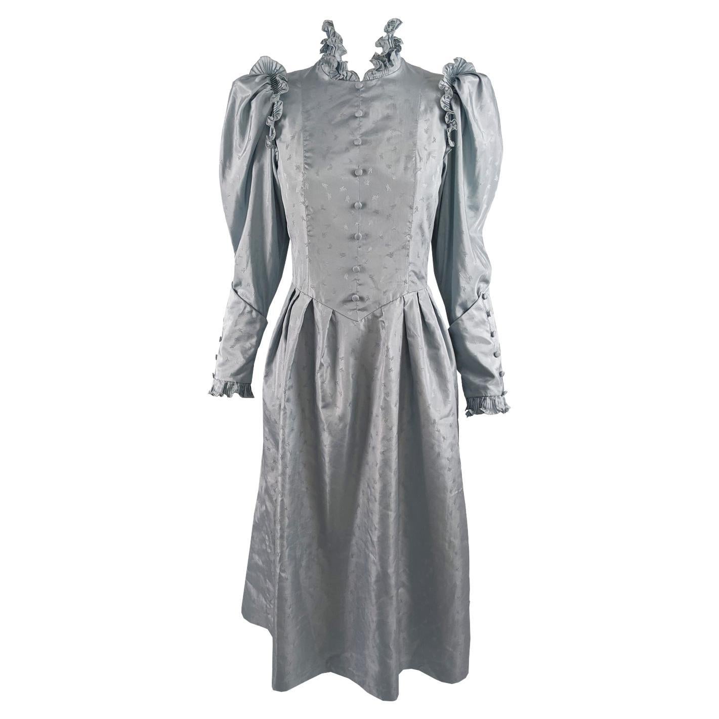 Annie Gough Vintage 70s Duck Egg Blue Taffeta Victorian Style Dress, 1970s