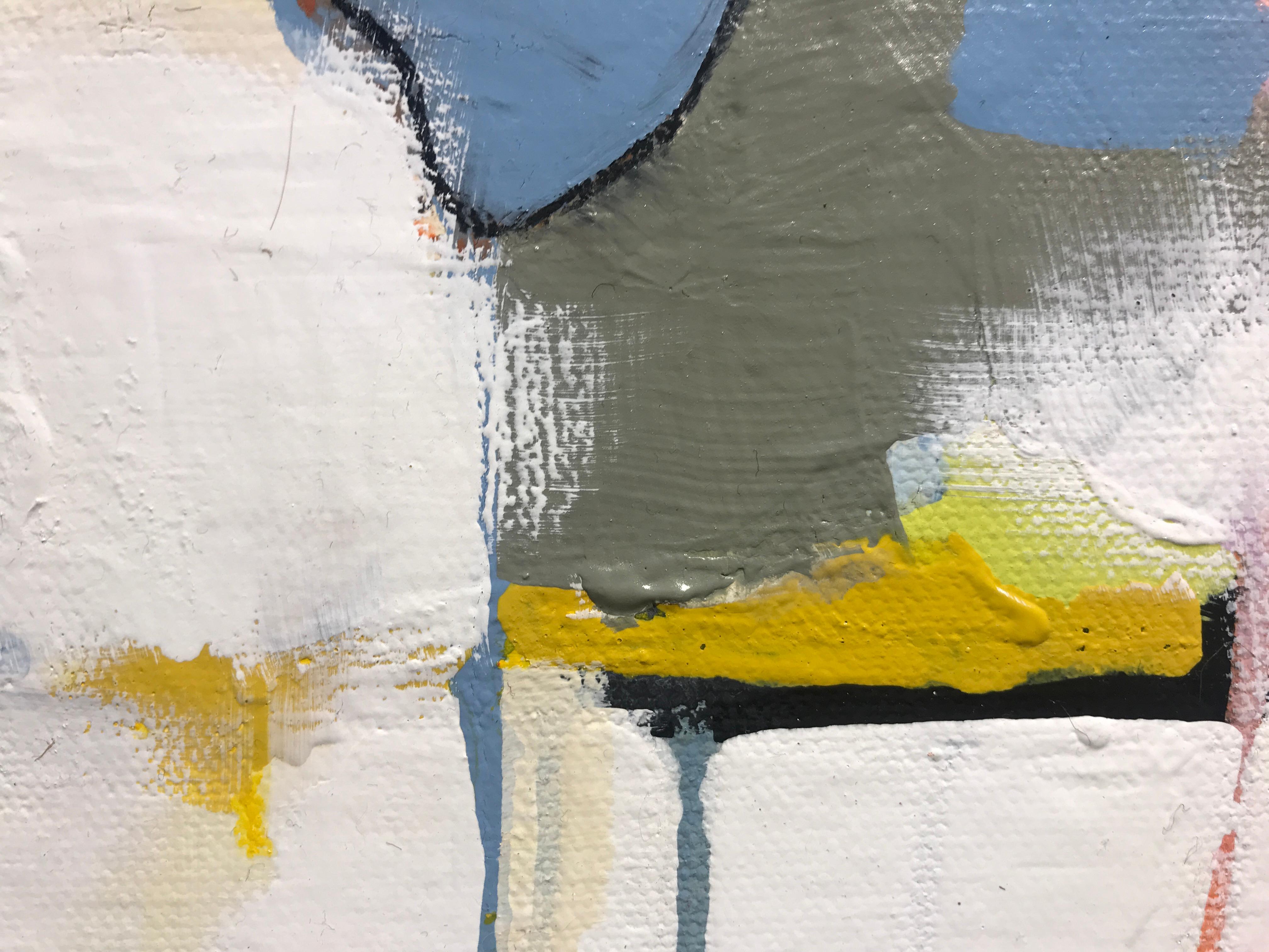 'Abstracted 01' is a small acrylic and charcoal on canvas abstract painting created by American artist Annie King is 2018. Featuring a palette made of blue, yellow and white colors accented with touches of red, black and green among others, the