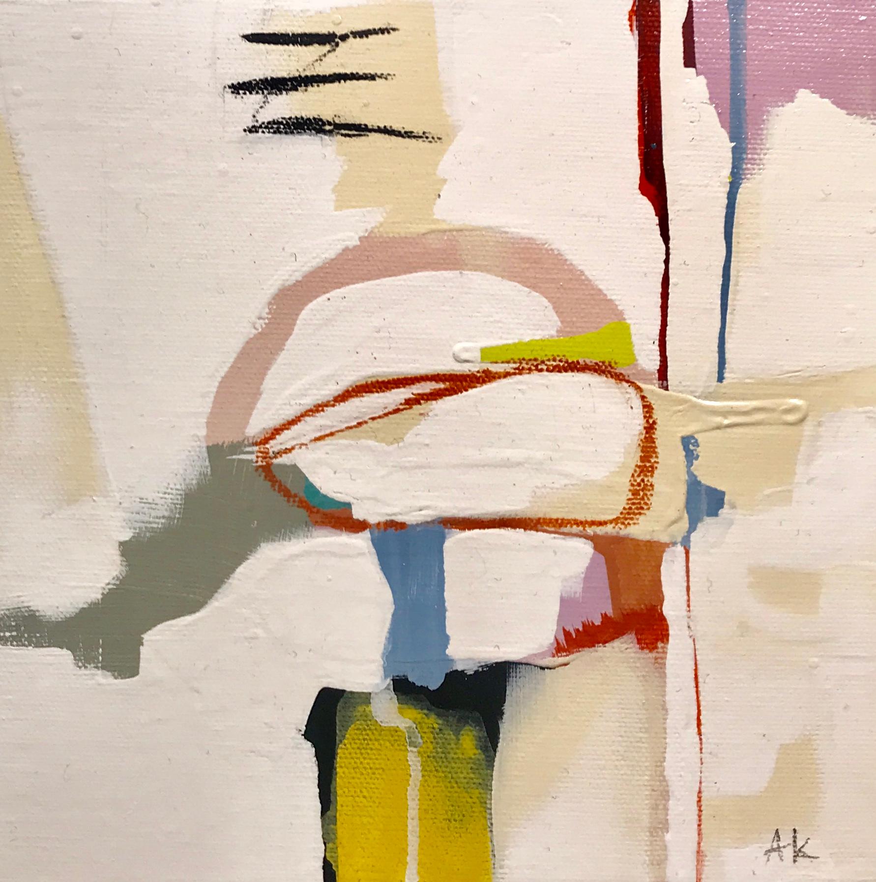 'Abstracted 03' is a small abstract acrylic and charcoal on canvas painting created by American artist Annie King is 2018. Featuring a palette mostly made of cream, white, pink, green and yellow colors delicately accented with touches of blue, black