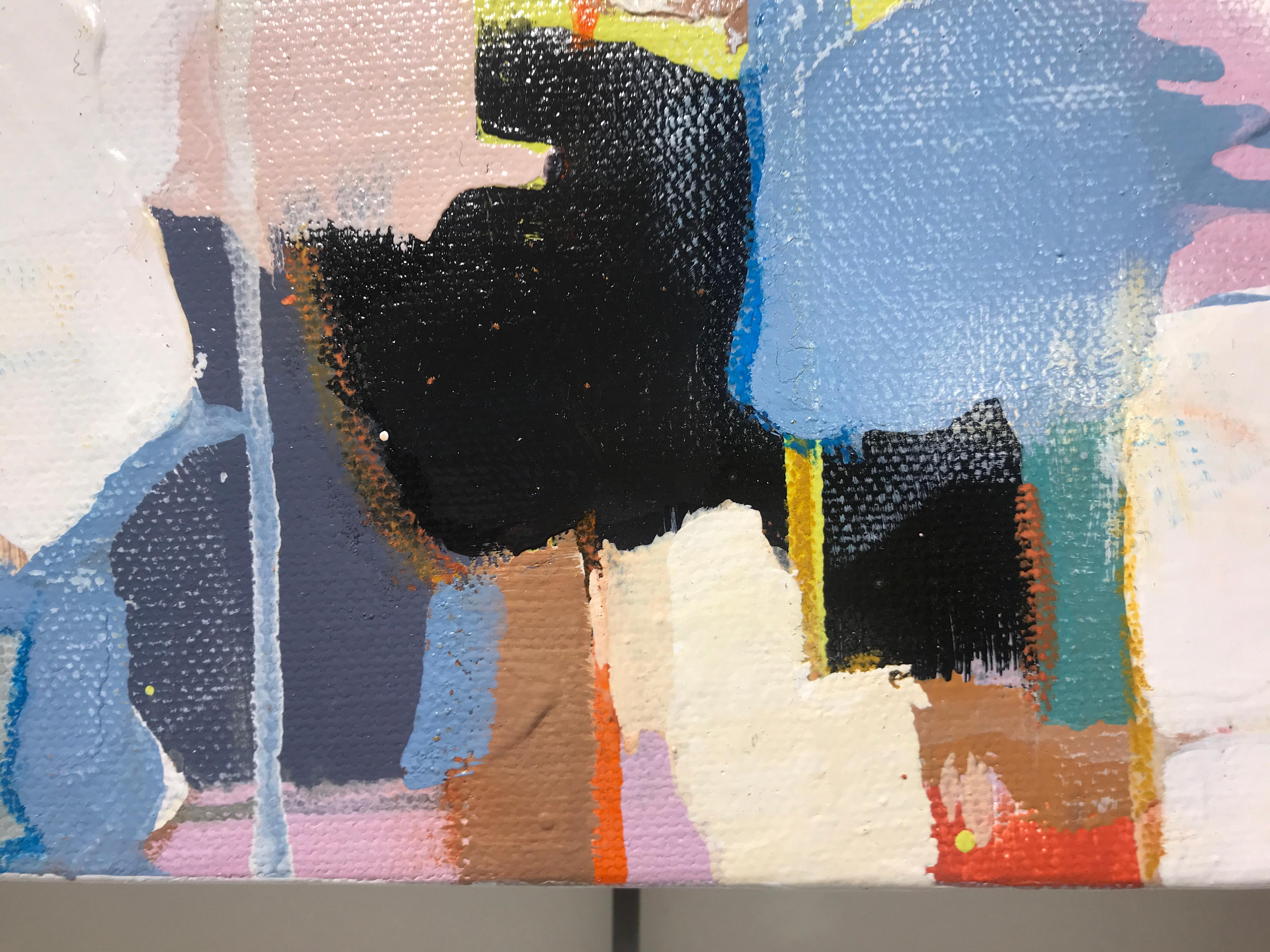 'Abstracted 15' is a small abstract charcoal and acrylic on canvas painting created by American artist Annie King is 2018. Featuring a palette made of white, cream, blue, black and yellow colors accented with touches of red, orange and teal tones