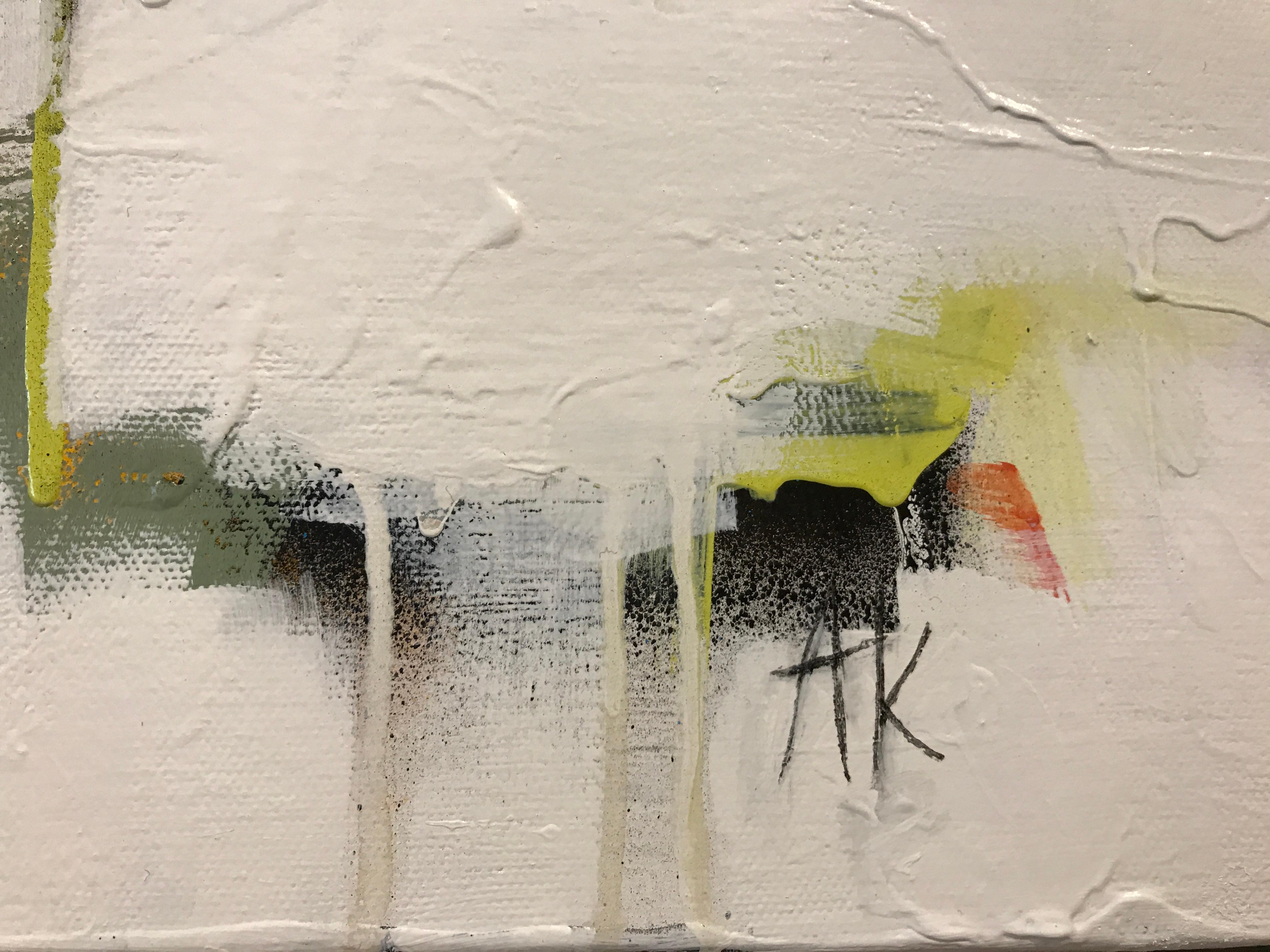 'Autumn' is a medium size mixed media on canvas abstract painting of horizontal format, created by American artist Annie King in 2019. Featuring a palette made of grey, green, white, black and yellow colors accented with touches of red and blue