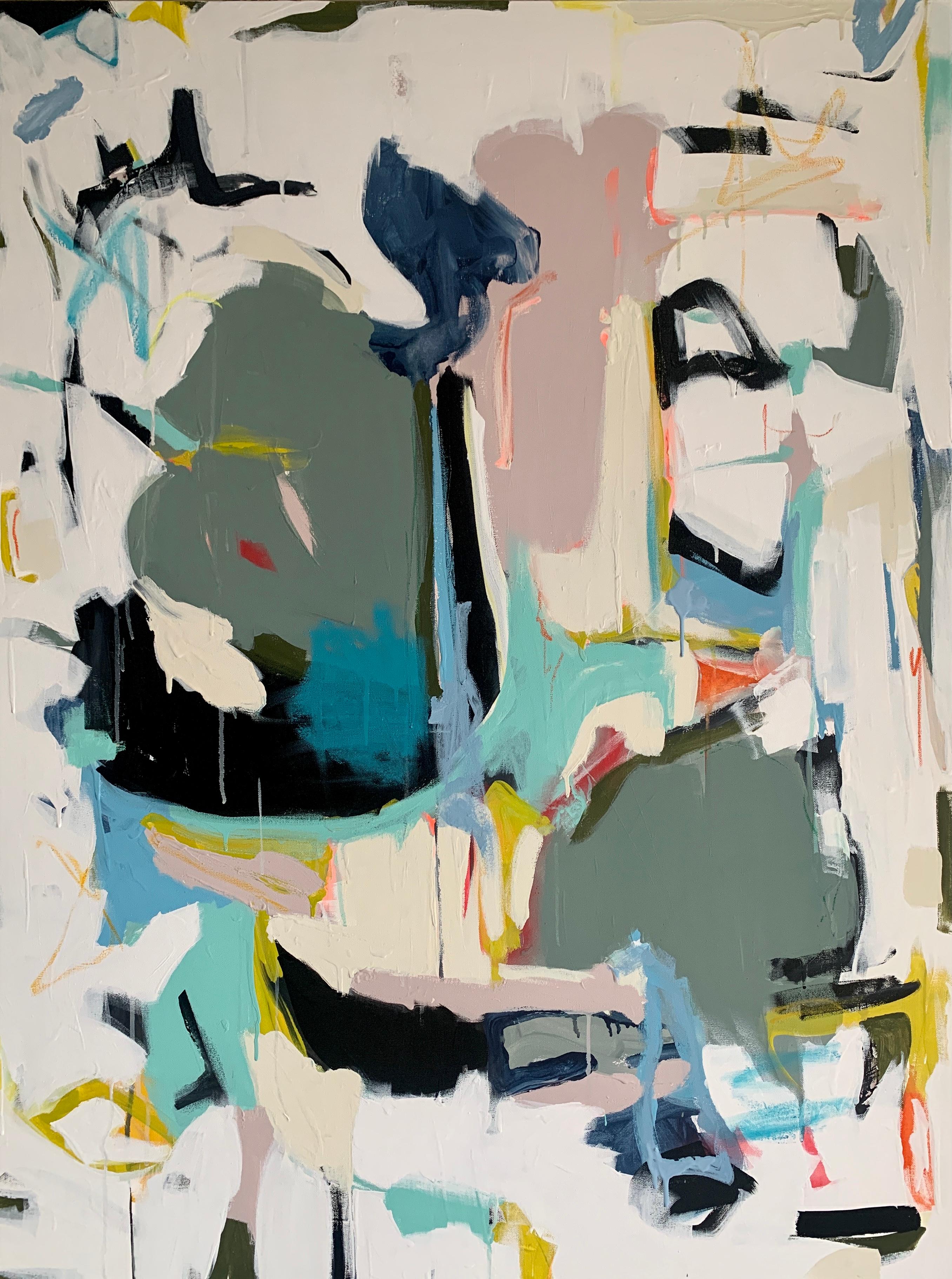 'Essential Assignments' is a large mixed media on canvas abstract painting of vertical format created by American artist Annie King in 2021. Featuring a palette made of  black, blue, yellow, pink, green and other tones, this painting showcases