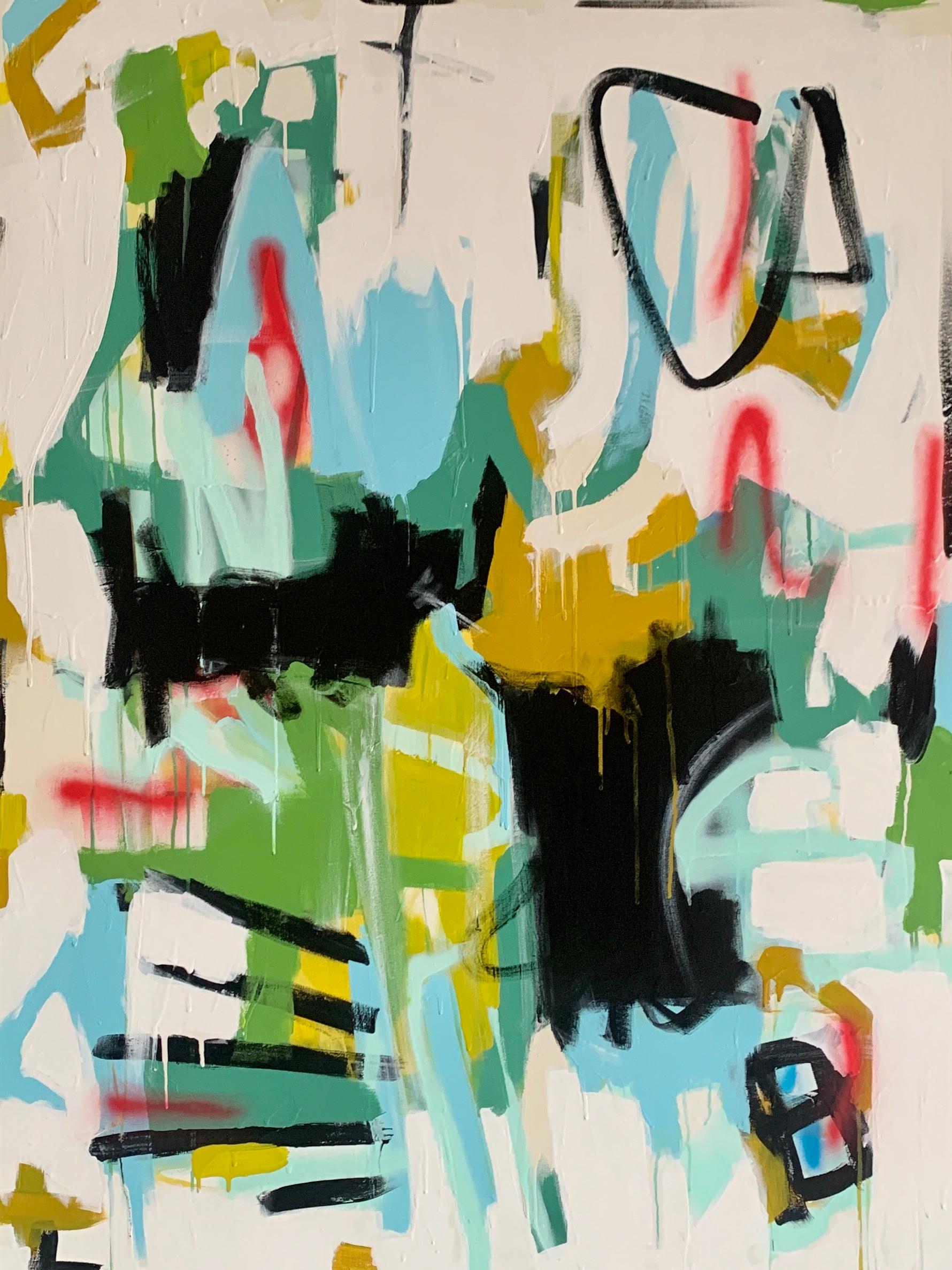 'Here I Am' is a large mixed media on canvas abstract painting of vertical format created by American artist Annie King in 2020. Featuring a palette made of  black, blue, yellow, pink, green and other tones, this painting showcases joyous fields of