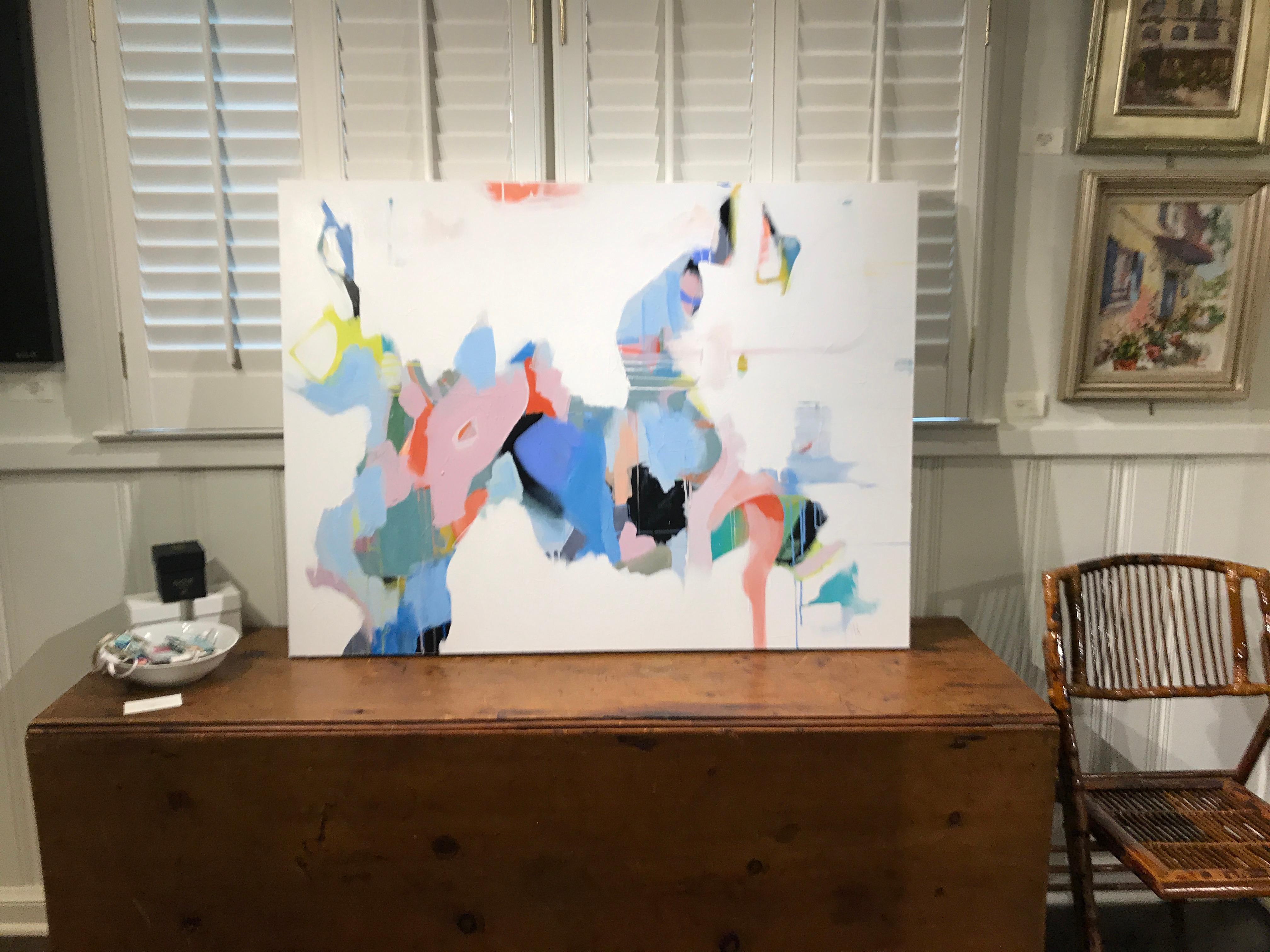 'Set Apart' is a large mixed media on canvas abstract painting of horizontal format created by American artist Annie King in 2019. Featuring a palette made of blue, pink, green, yellow, black and russet among other tones, this painting showcases