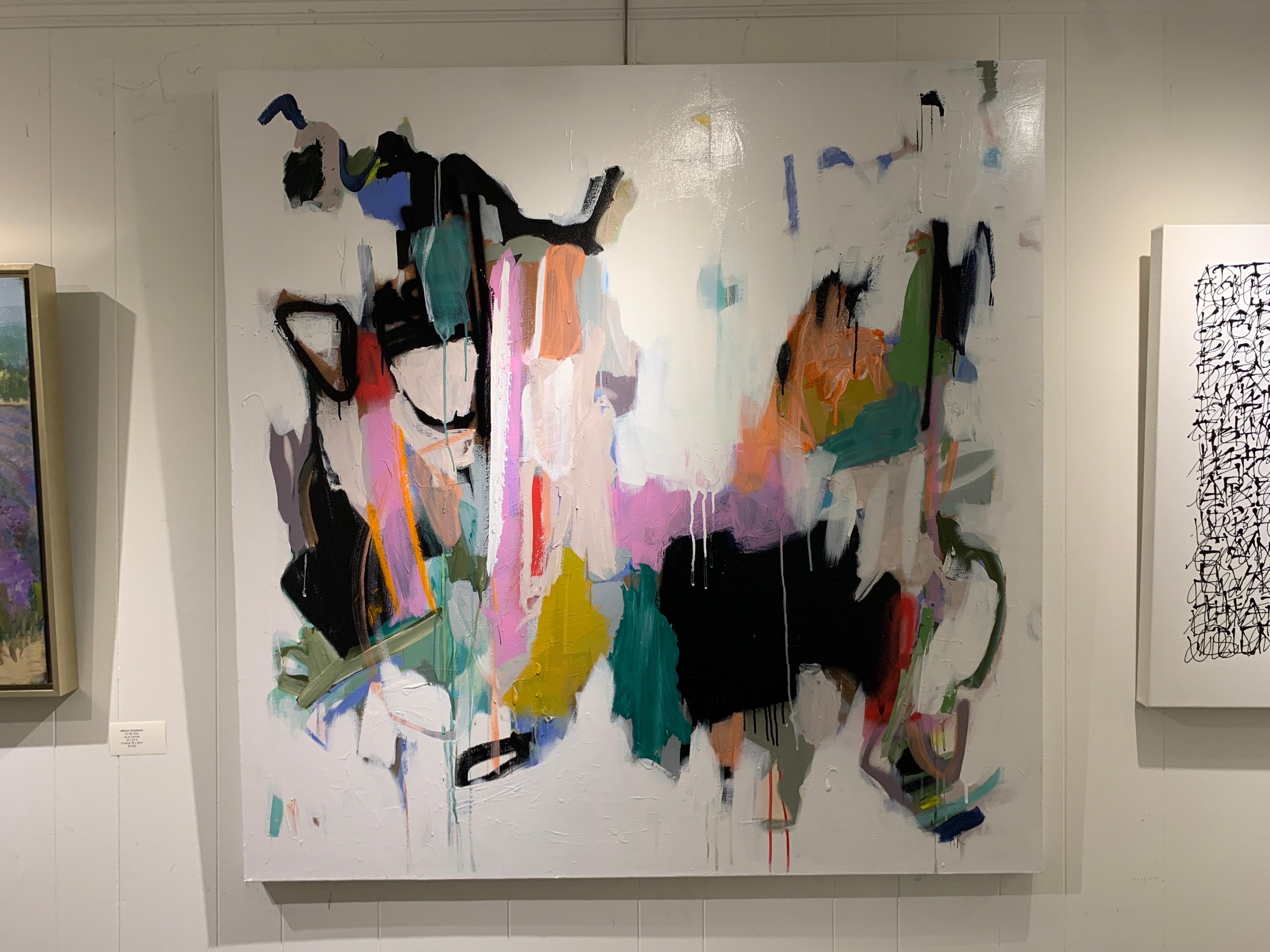'Should I Ever Need Reminding' is a large mixed media on canvas abstract painting of square format created by American artist Annie King in 2021. Featuring a palette made of green, orange, grey, white and blue among other tones, this painting