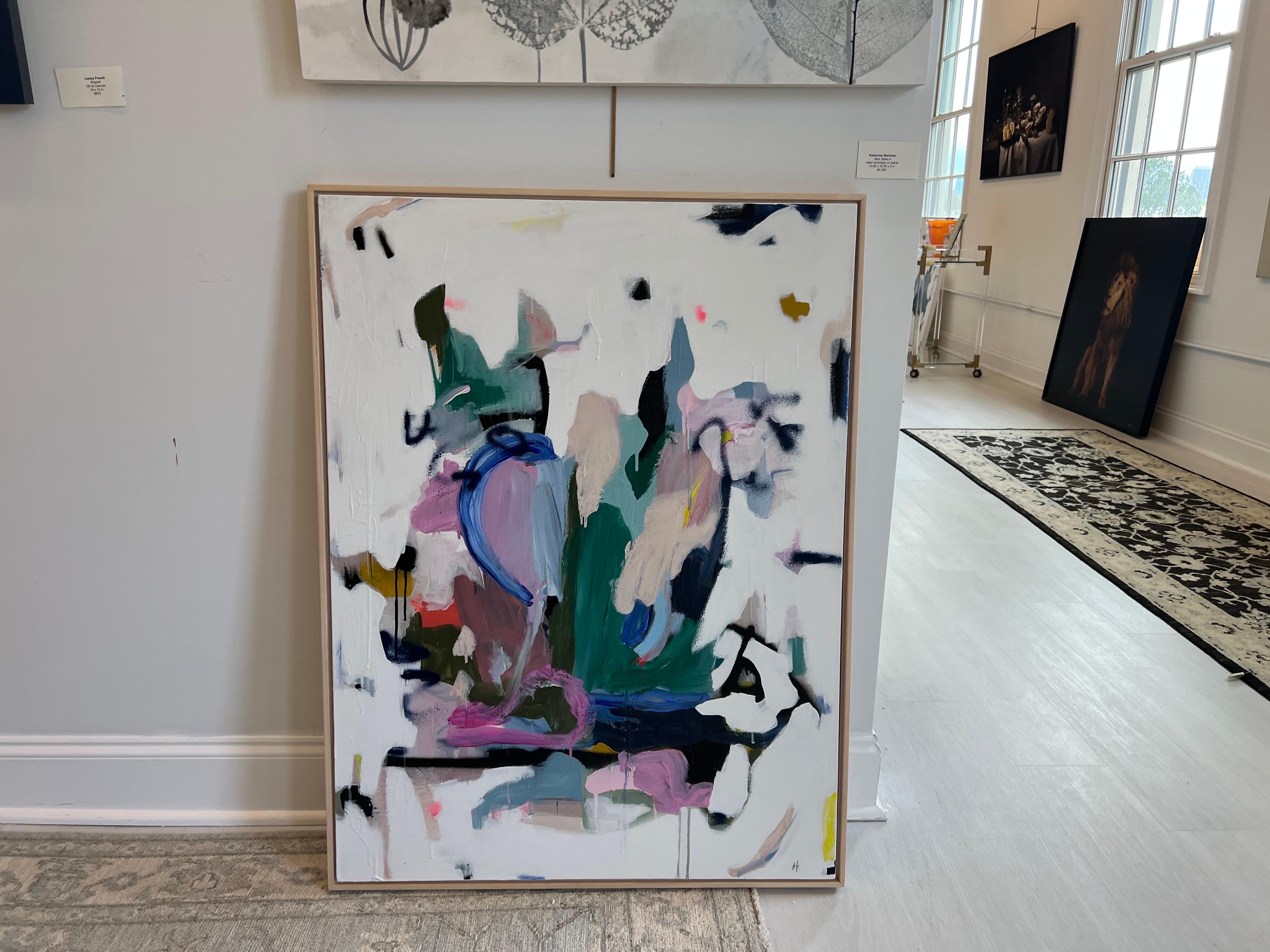 'Then Came Another' is a mixed media on canvas framed abstract painting of vertical format created by American artist Annie King in 2022. Featuring a palette made of green, black, pink, white and blue among other tones, this painting showcases
