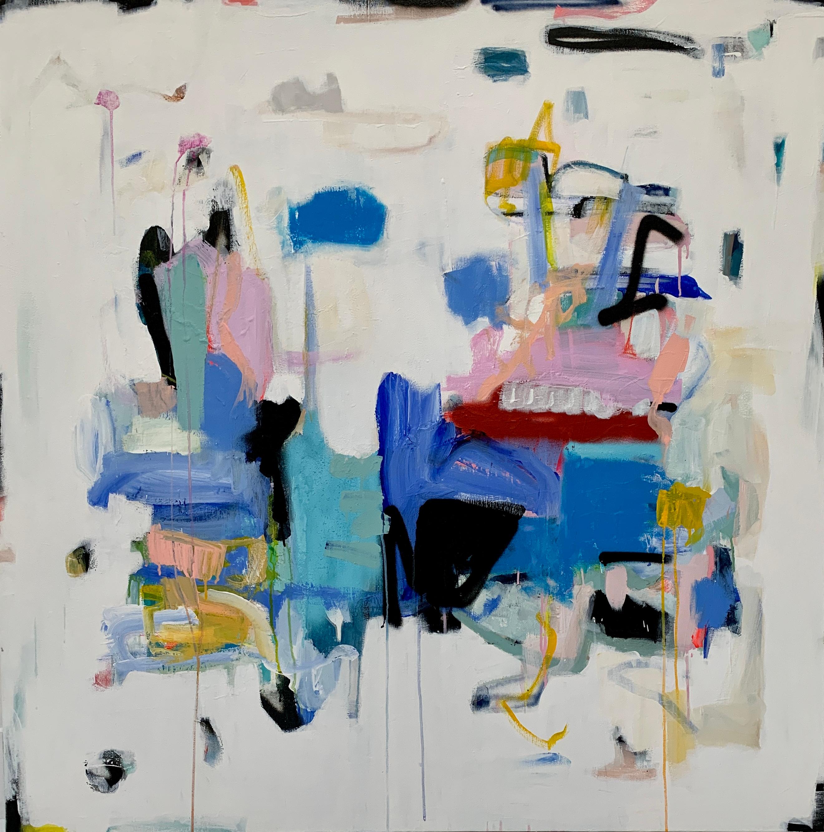 'These Are the Very Ones' is a mixed media on canvas abstract painting of square format created by American artist Annie King in 2022. Featuring a palette made of red, black, pink, white and blue among other tones, this painting showcases joyous