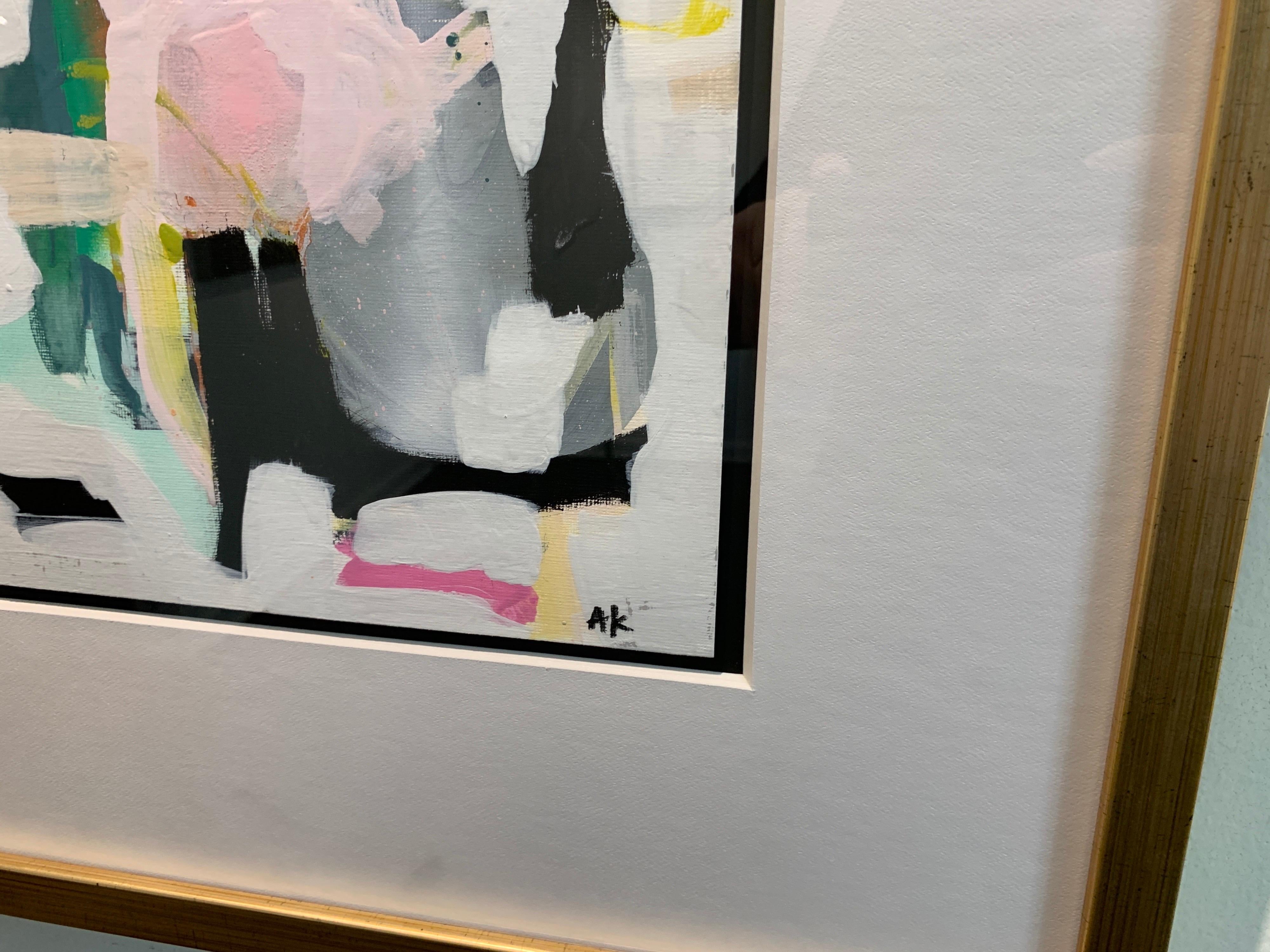'Untitled 145' is a mixed media on paper framed abstract painting of vertical format created by American artist Annie King in 2020. Featuring a palette made of  black, blue, yellow, pink, green and other tones, this painting showcases joyous fields