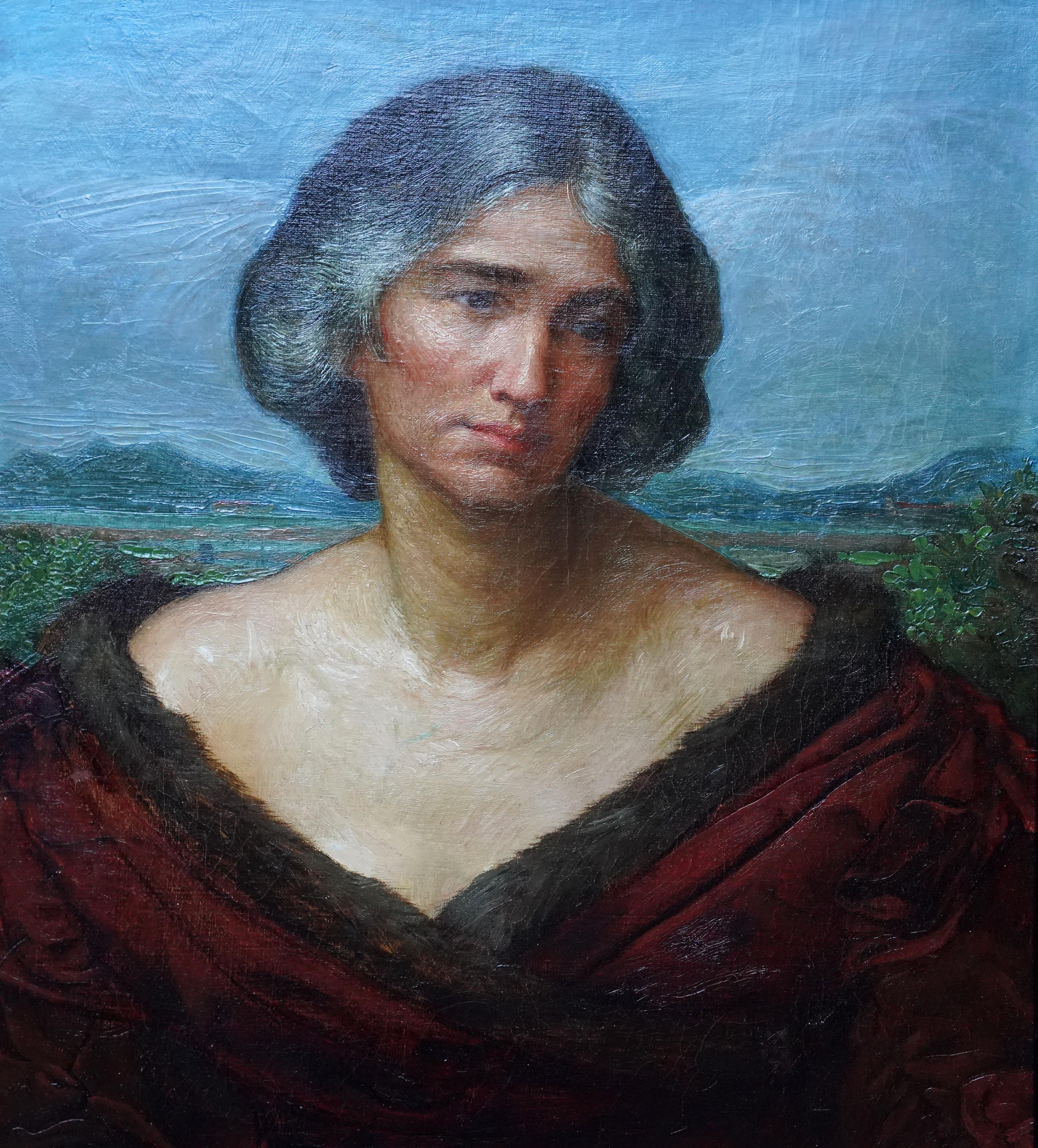 Portrait of a Lady in a Landscape - British 19thC art oil painting  - Painting by Annie Louisa Swynnerton