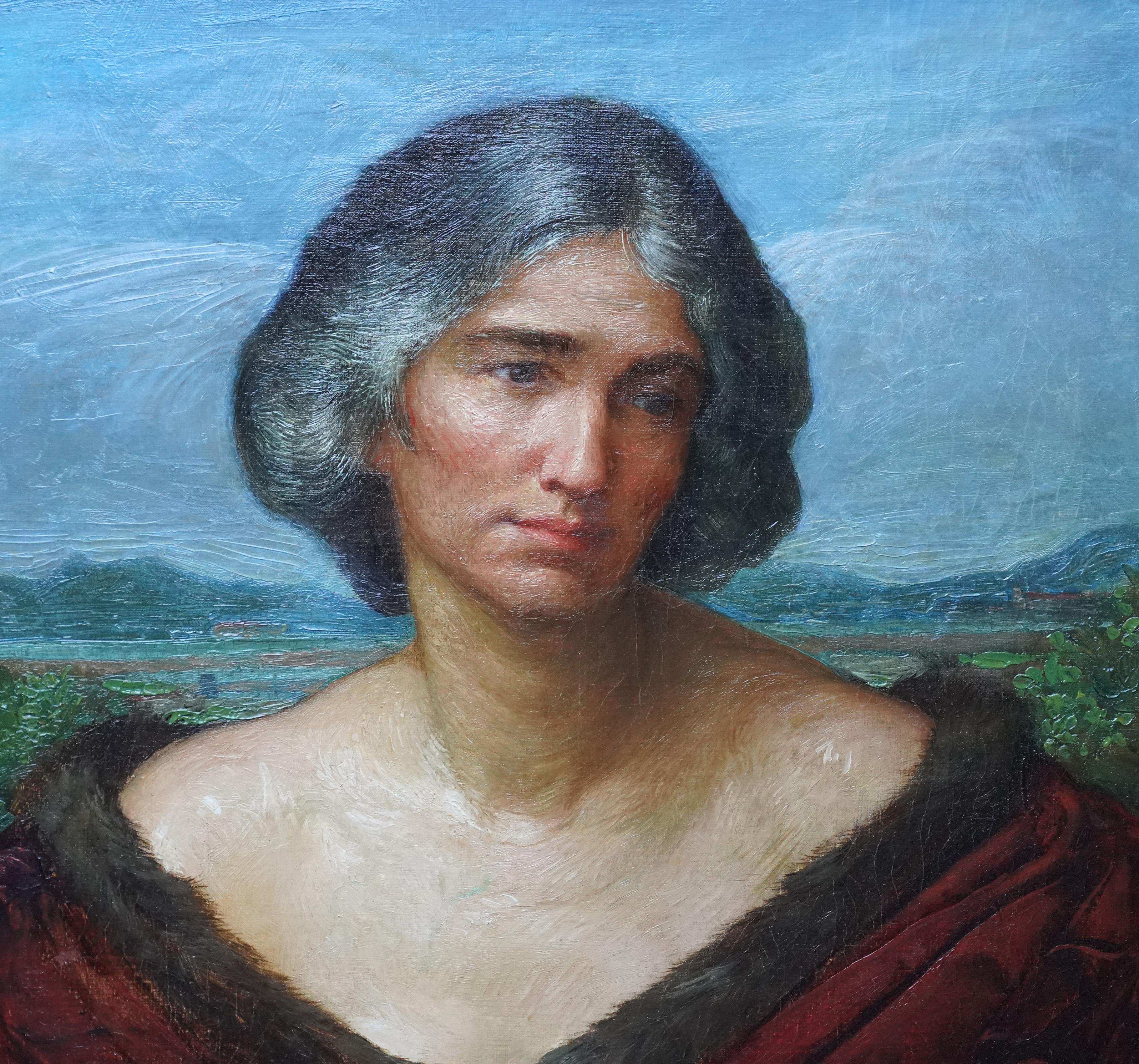 Porträt einer Dame in einer Landschaft – britisches Ölgemälde aus dem 19. Jahrhundert (Realismus), Painting, von Annie Louisa Swynnerton