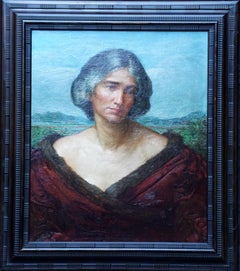 Antique Portrait of a Lady in a Landscape - British 19thC art oil painting 