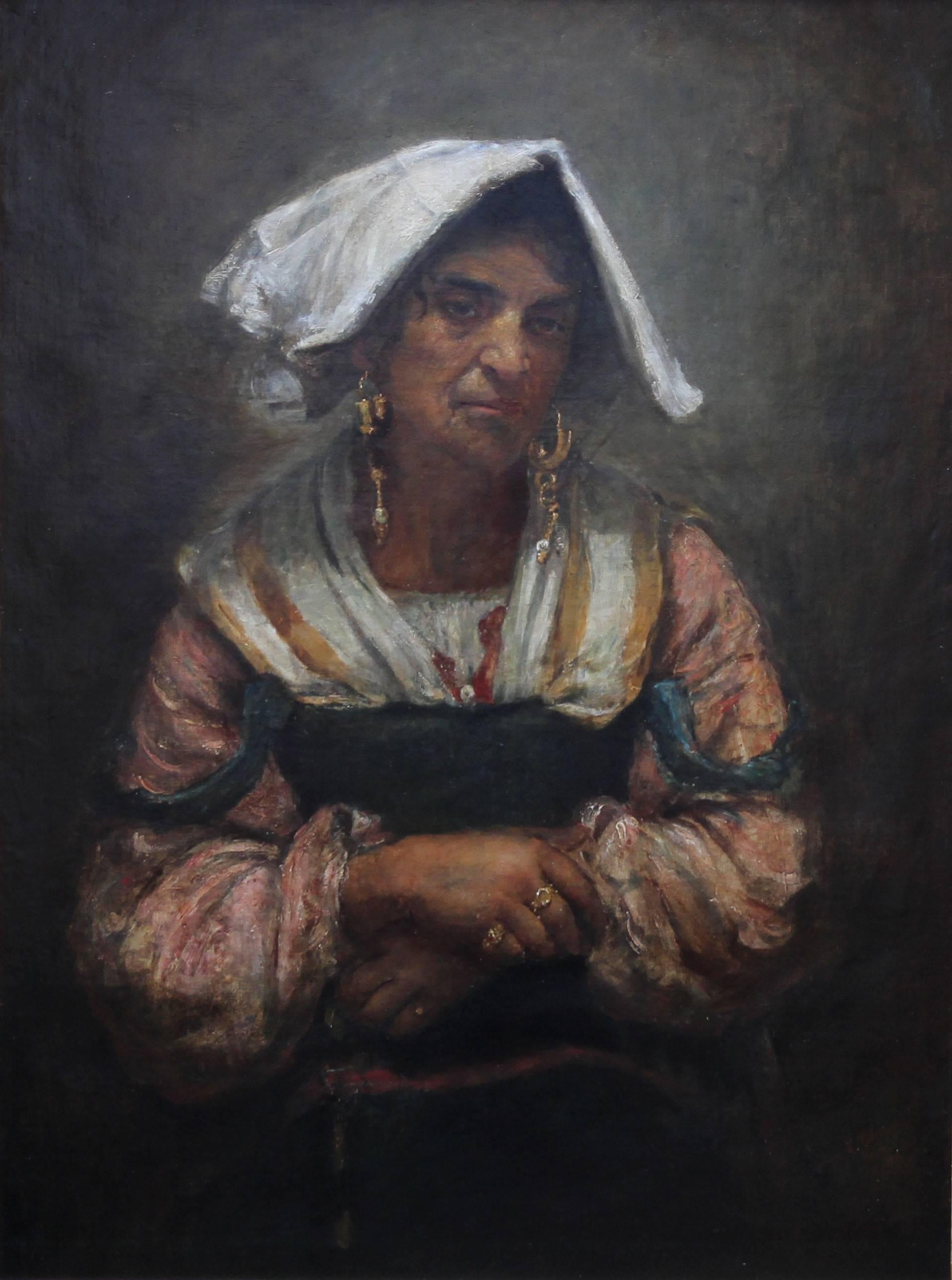 Roma Lady Jebsa - Retrato victoriano al óleo expuesto en la Galería de Arte de Manchester 2018 - Painting de Annie Louisa Swynnerton