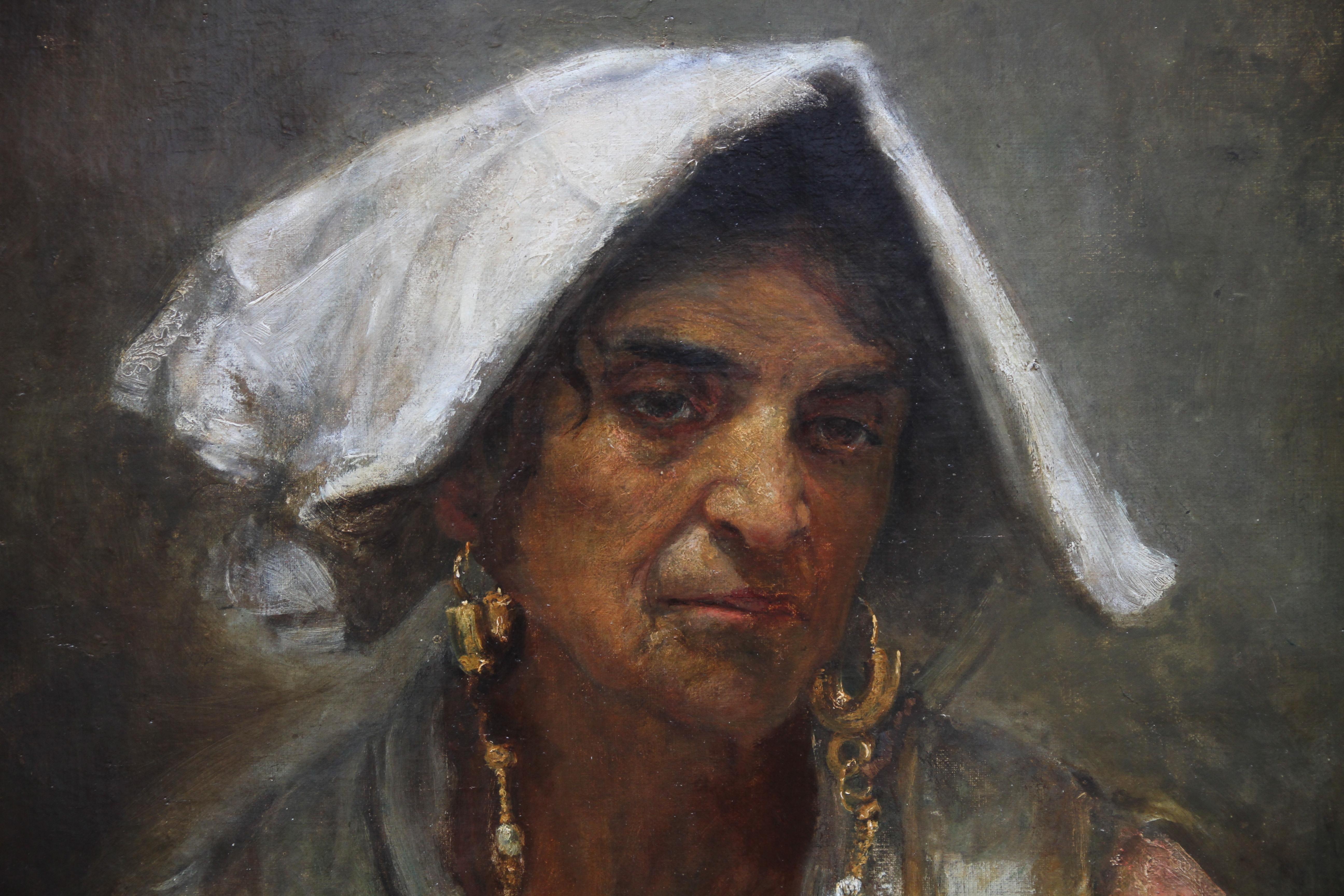 Roma Lady Jebsa - Retrato victoriano al óleo expuesto en la Galería de Arte de Manchester 2018 - Figurative Painting Negro de Annie Louisa Swynnerton